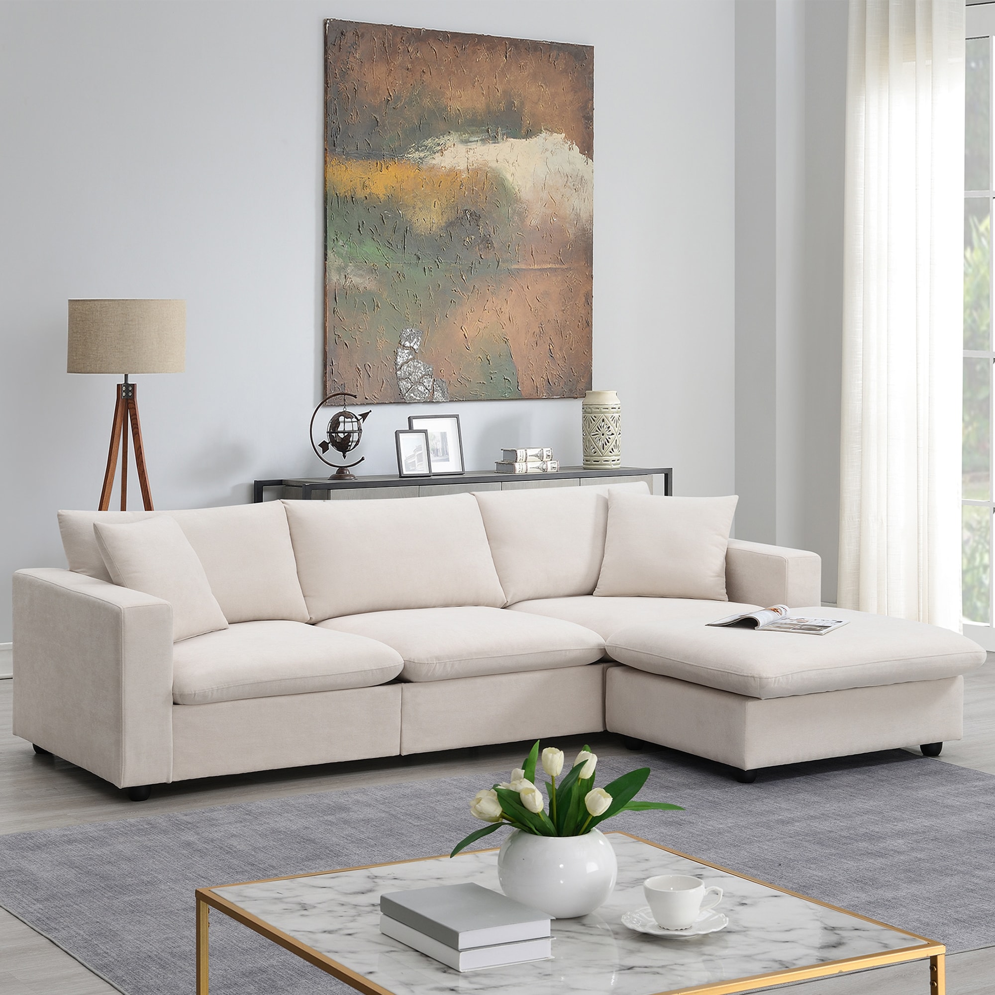 ModernLuxe GS009023AAA Modern Sectional SofaLshaped Couch Set with 2 Free pillows4seat Polyester Fabric Couch Set with Convertible Ottoman for Living Room Apartment Office4 Colors
