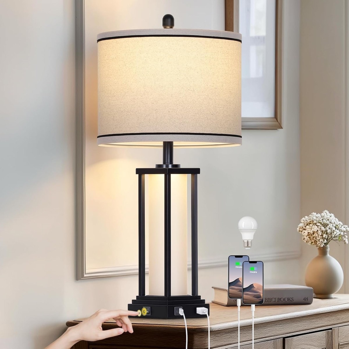 Pacrigo  2 Pack 27in Tall Farmhouse Table Lamp with USB C and A Ports and Outlet Black Industrial End Table Lamp for Living Room Vintage Rustic Bedside Lamp with Night Light for Bedroom Nightstand