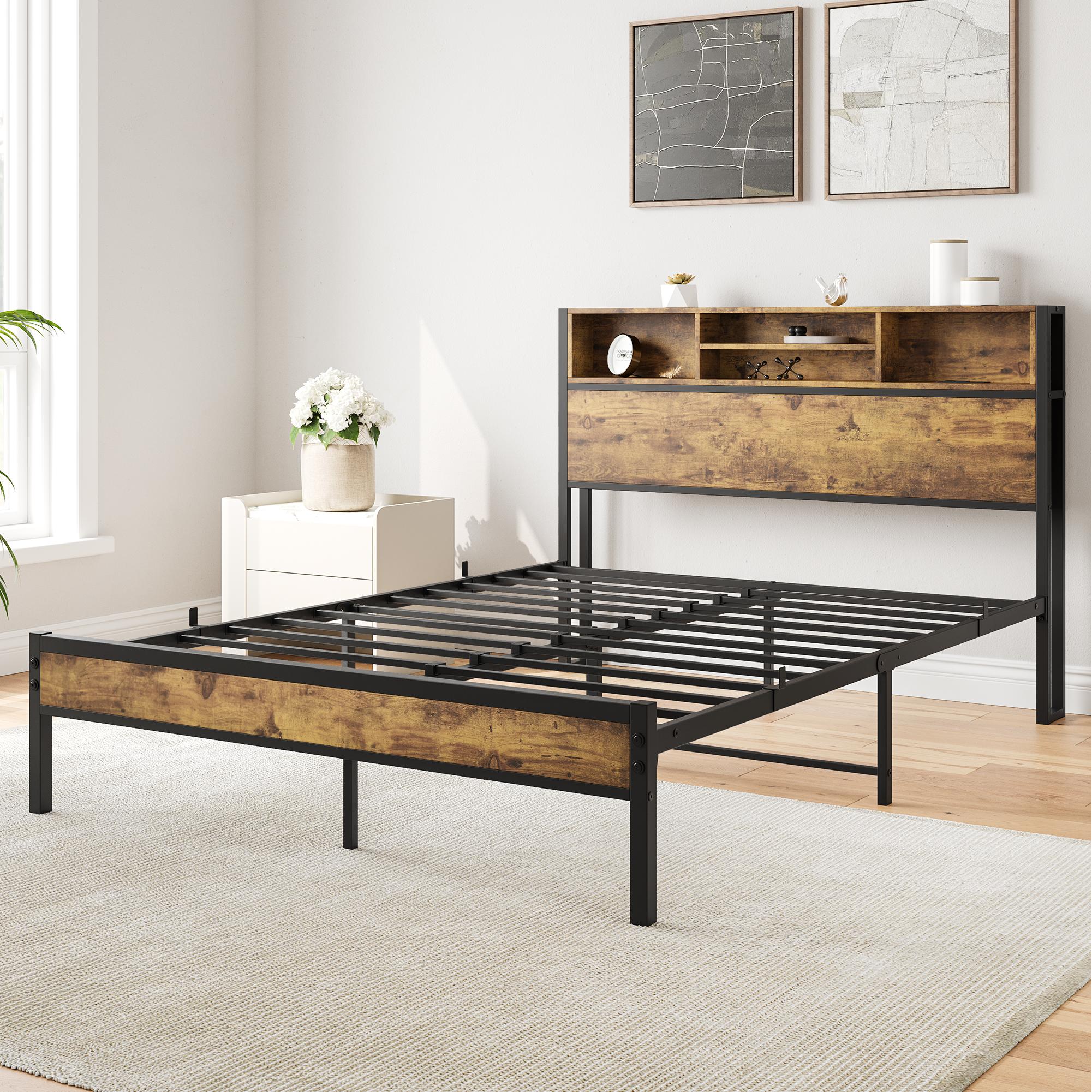 Bayfeve BF-127763-IN Metal Platform Bed with Charging Station Brown Full Metal Bed frame Bed with Storage
