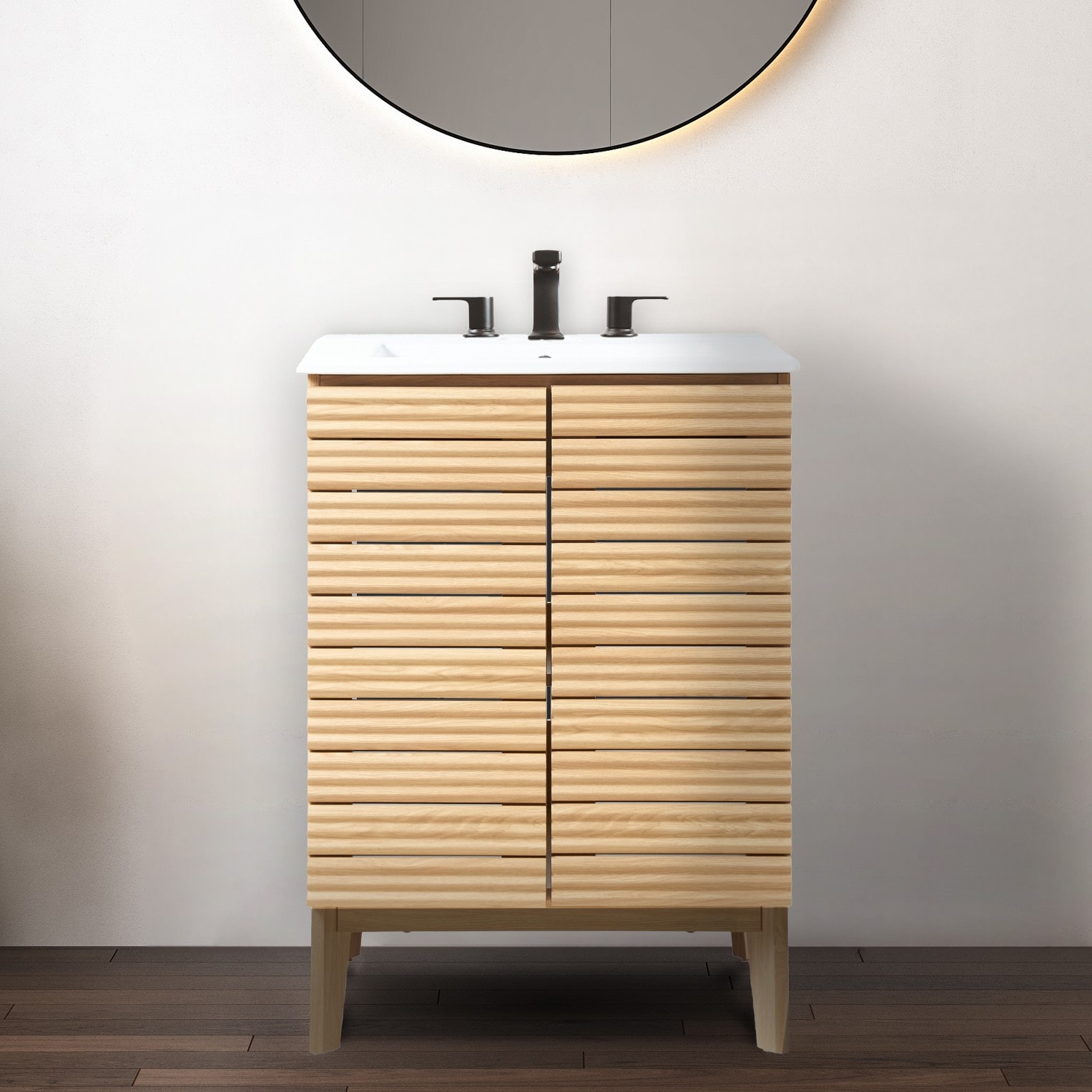 JONATHAN  Y VAN1005A Calandre Thin Linear Slat Modern Farmhouse 24-in Oak Bathroom Vanity Base Cabinet without Top