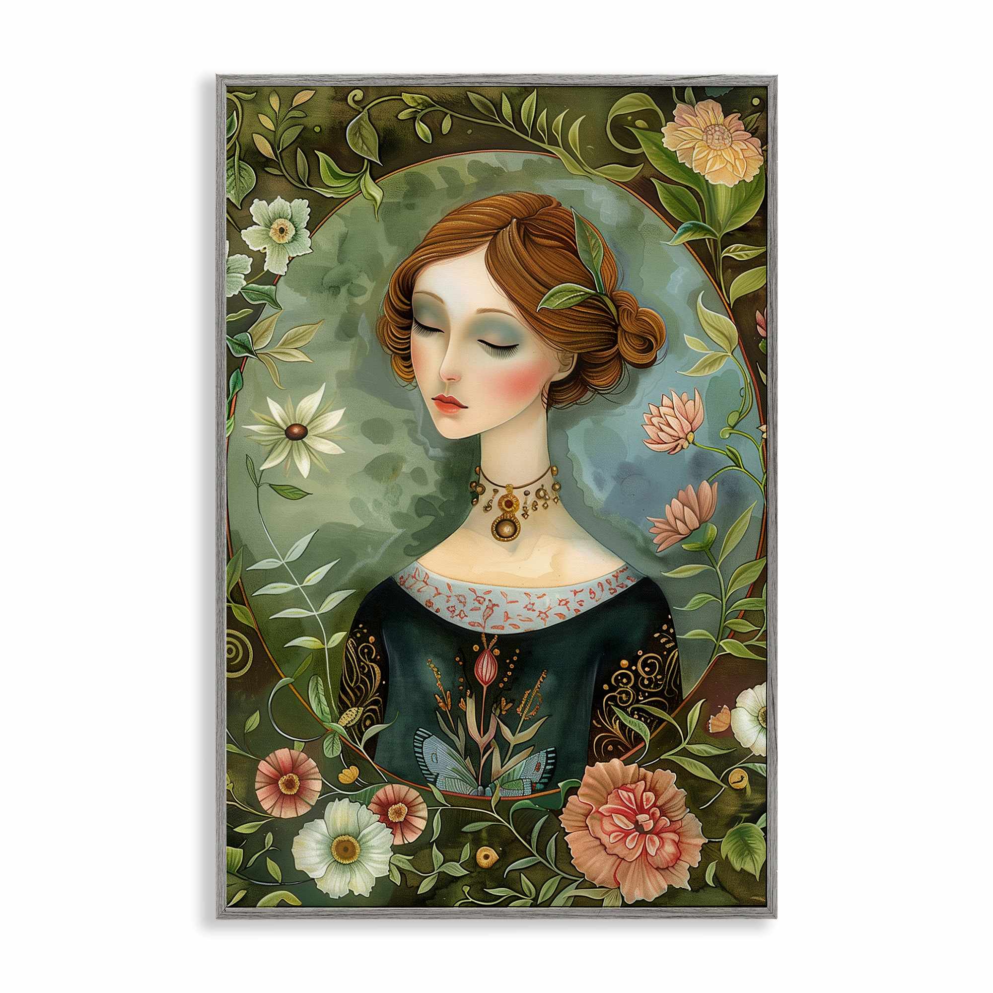 Stupell Industries BT-881-GFF-12X18 Floral Edged Victorian Woman Gray Framed Giclee Art By The Dutch Lady 12 x 18