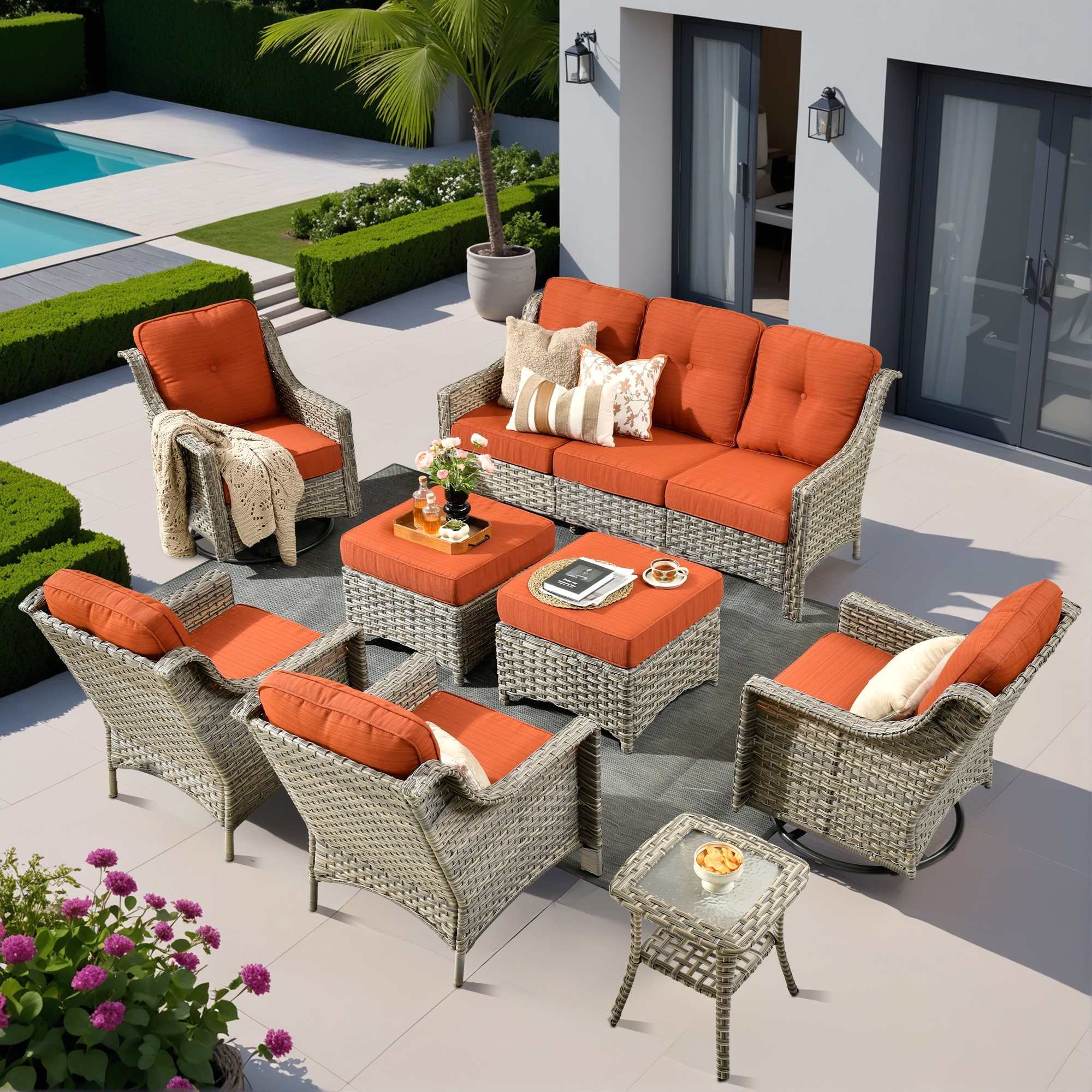 Caodoc L5-YZPAD80C8 New right-Angles Rattan Outdoor Sectional with Orange Cushions and Rattan Frame