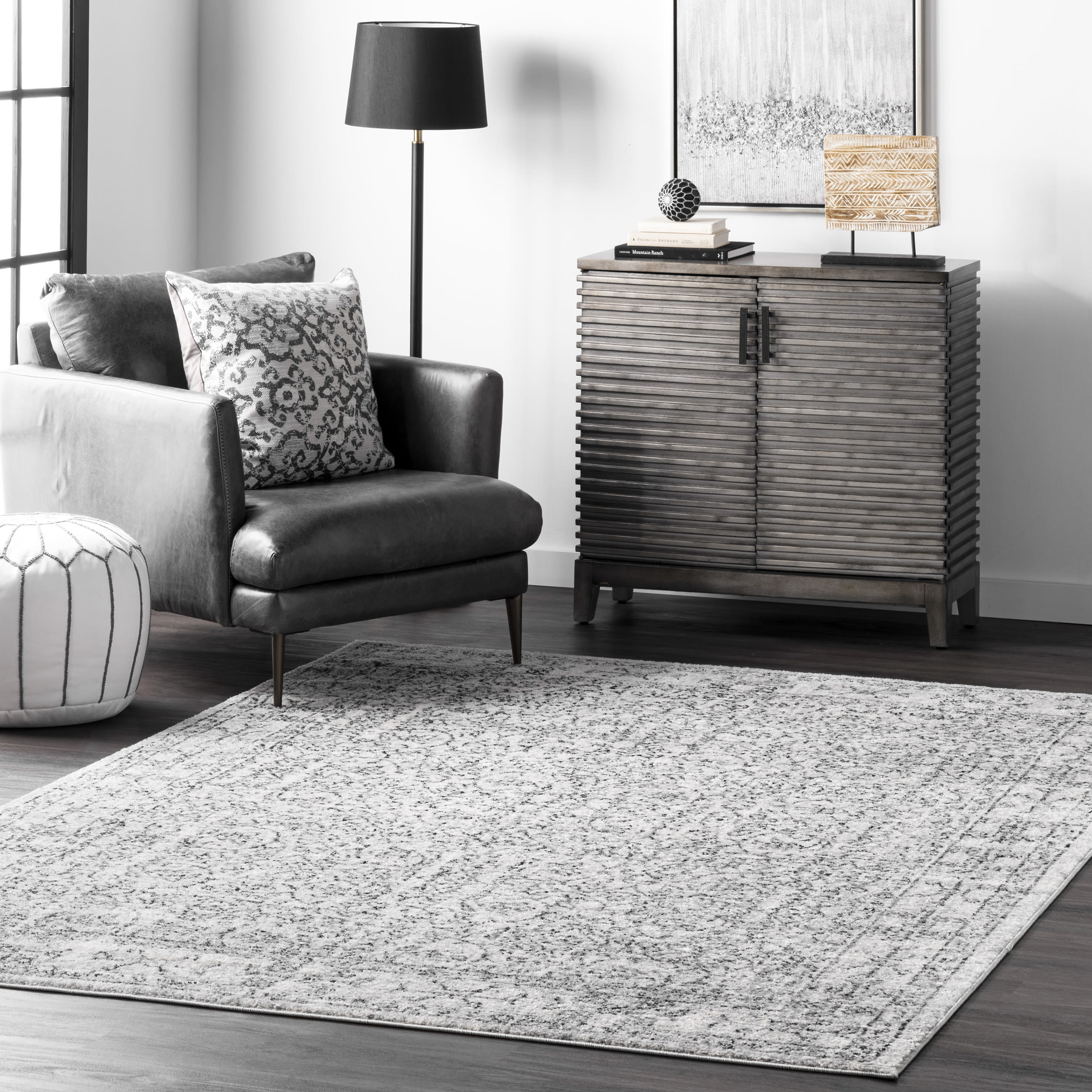 nuLOOM RZBD22B-406 Vintage Waddell 4 x 6 (ft) Polypropylene Gray Rectangular Indoor Damask Area rug