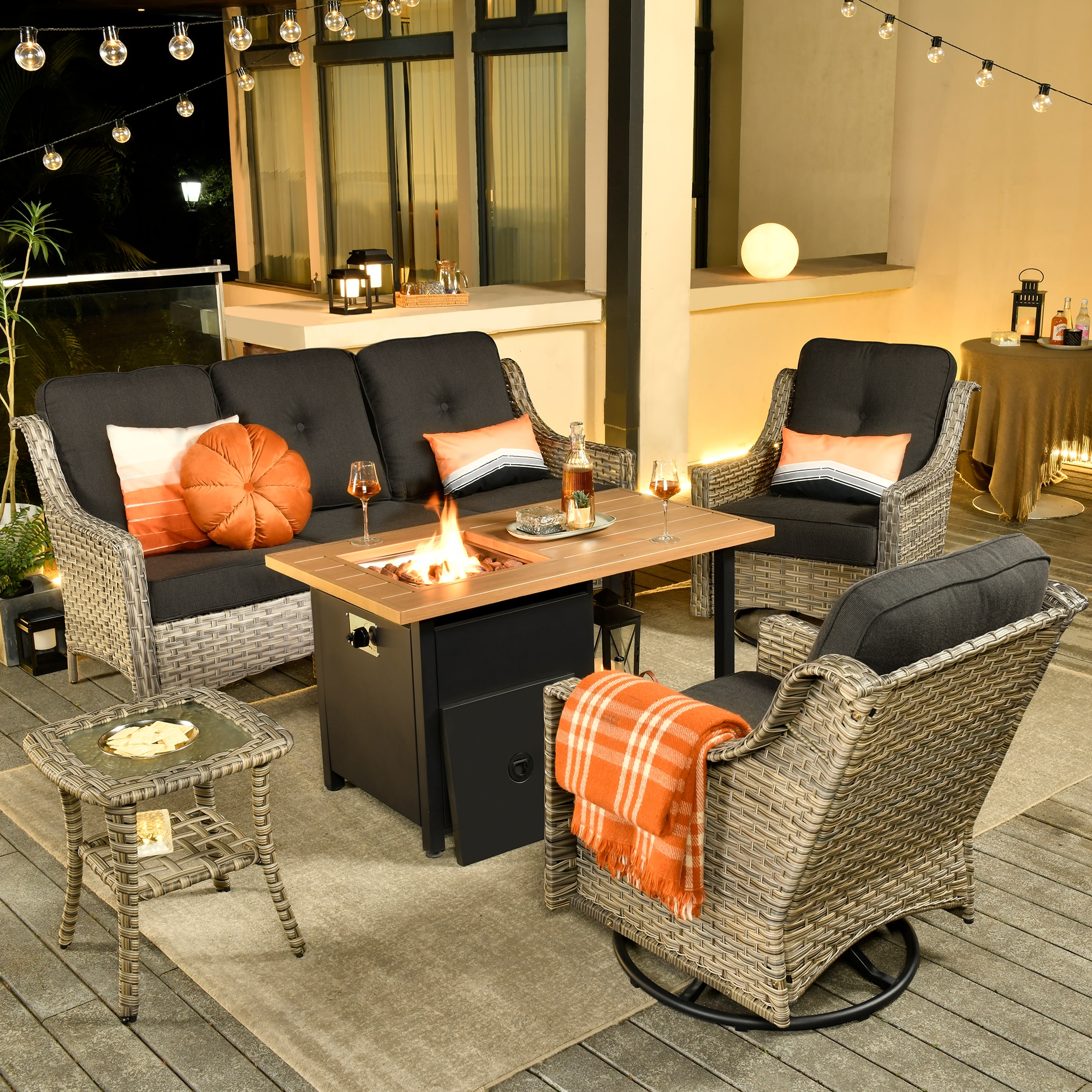 Ovios RFP11PD1-4Y 5 -Piece Wicker Patio Sofa Conversation Set with Black Cushions
