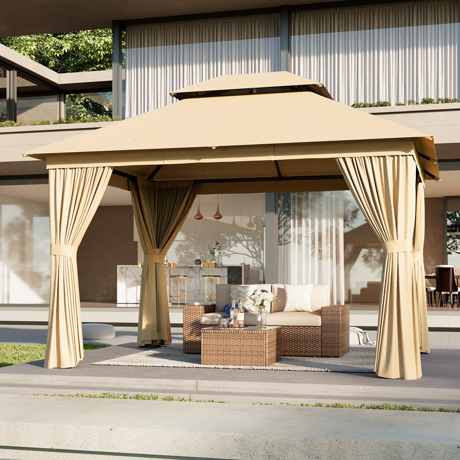 AOXUN AW303GR01A-QF 12-ft x 10-ft Beige Gazebo with Soft Top Roof (Screen Included)