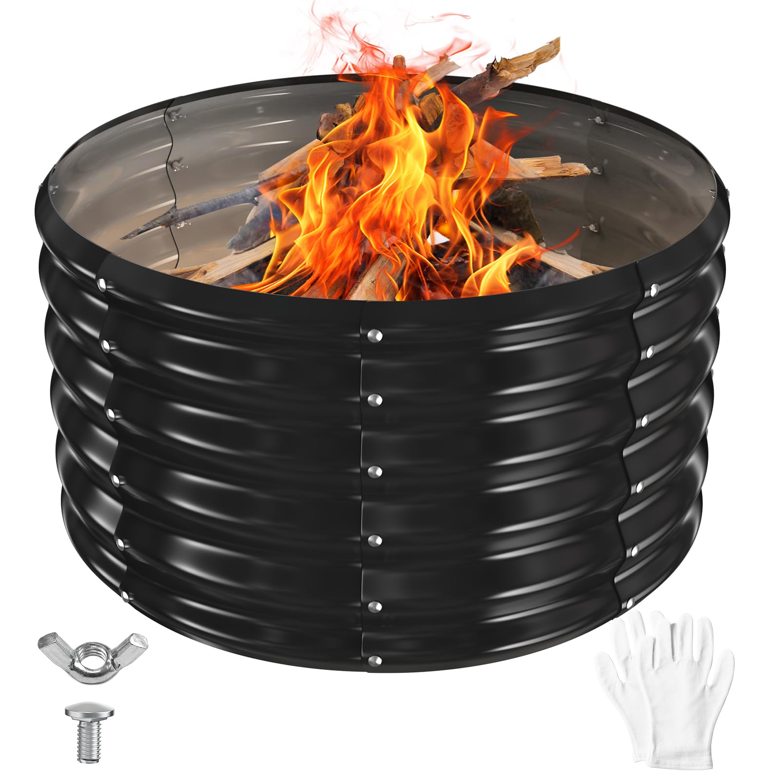 Vrbgify  32 Inch Round Galvanized Steel Fire Pit Ring Foldable Outdoor Fire Ring for Campfires Yard Garden Beach Safe Durable Easy Assembly Black