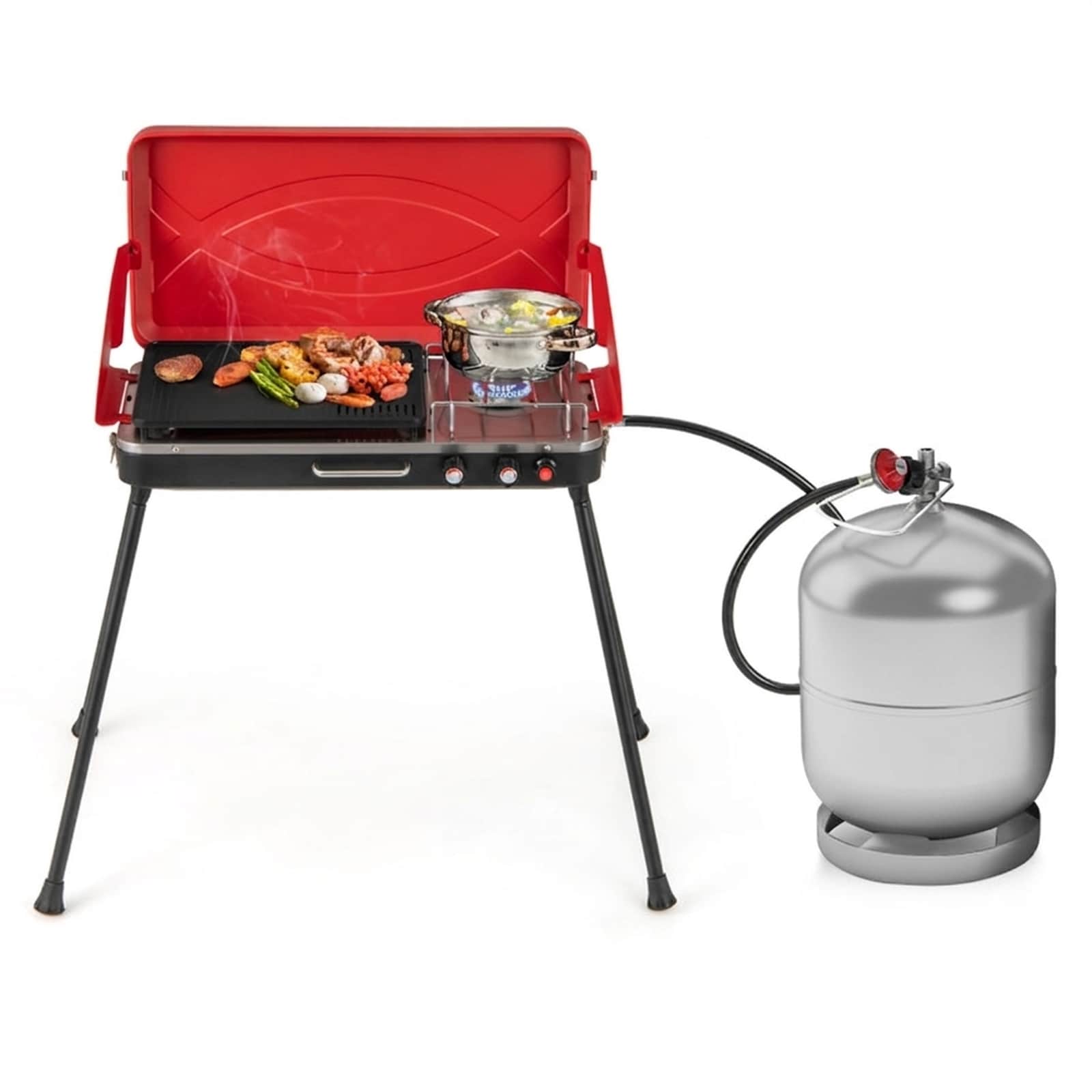SUGIFT 2-in-1 Portable Gas Camping Grill and Stove 20000-BTU 2-Burner Propane Stove with 4 Detachable Legs Grease Collector for Camping BBQ Picnic