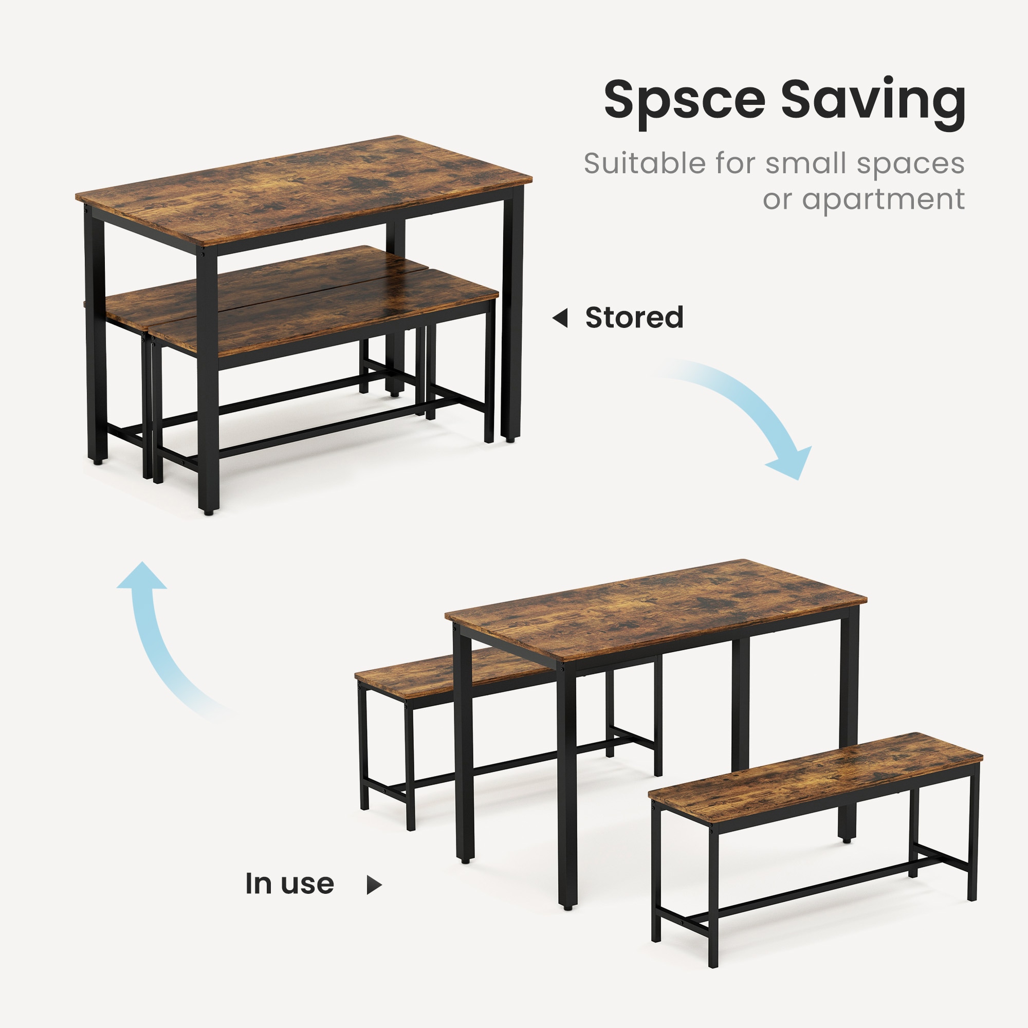 Rustic Brown and Black 3-Piece Dining Table Set with Benches