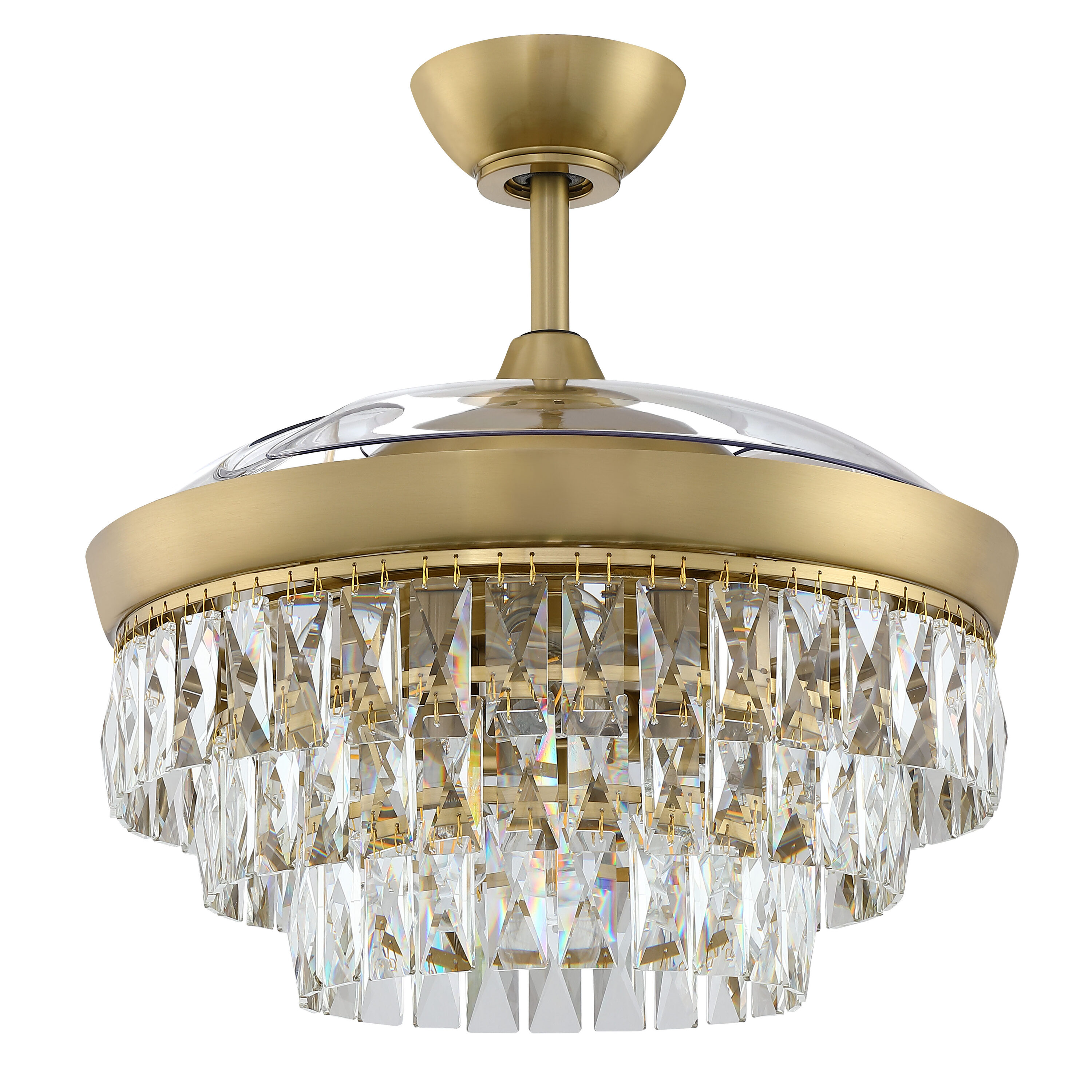 Satin Brass 42" Ceiling Fan with Clear Glass Chandelier