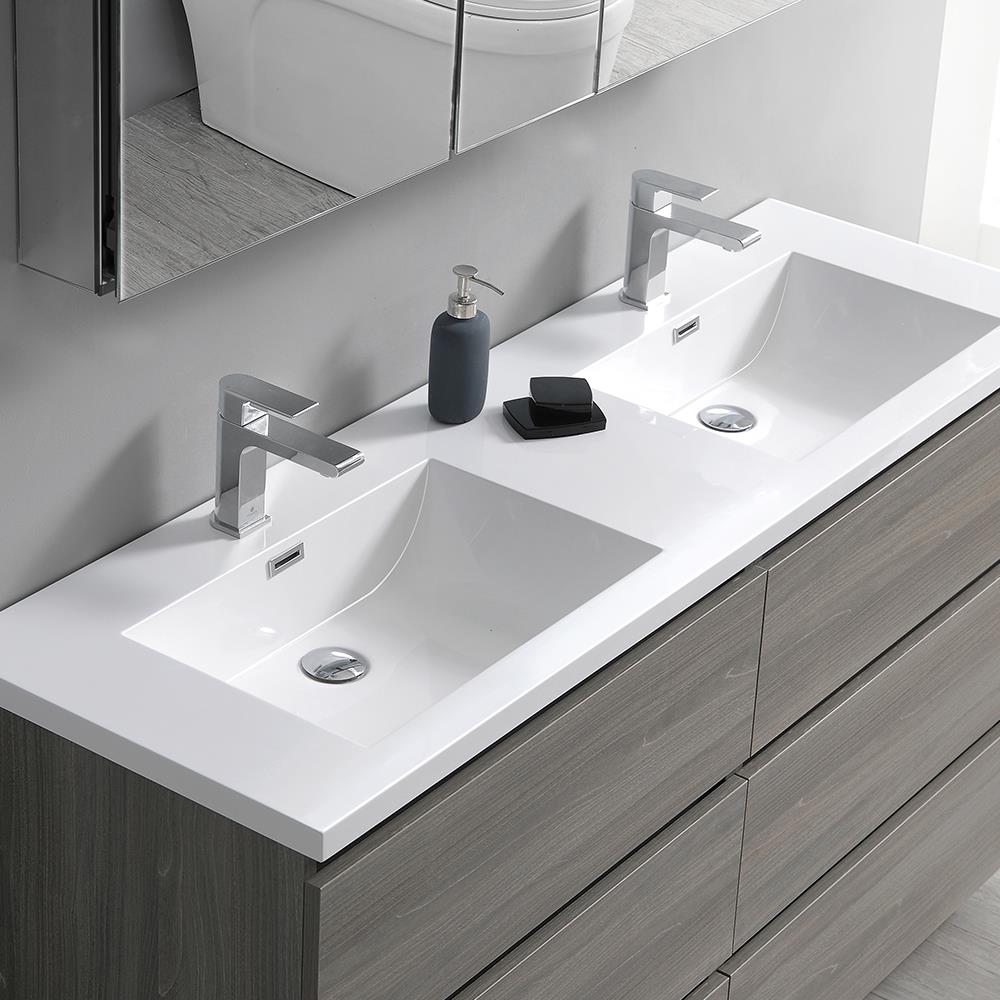 Gray Wood 72" Freestanding Double Sink Bathroom Vanity with Acrylic Top