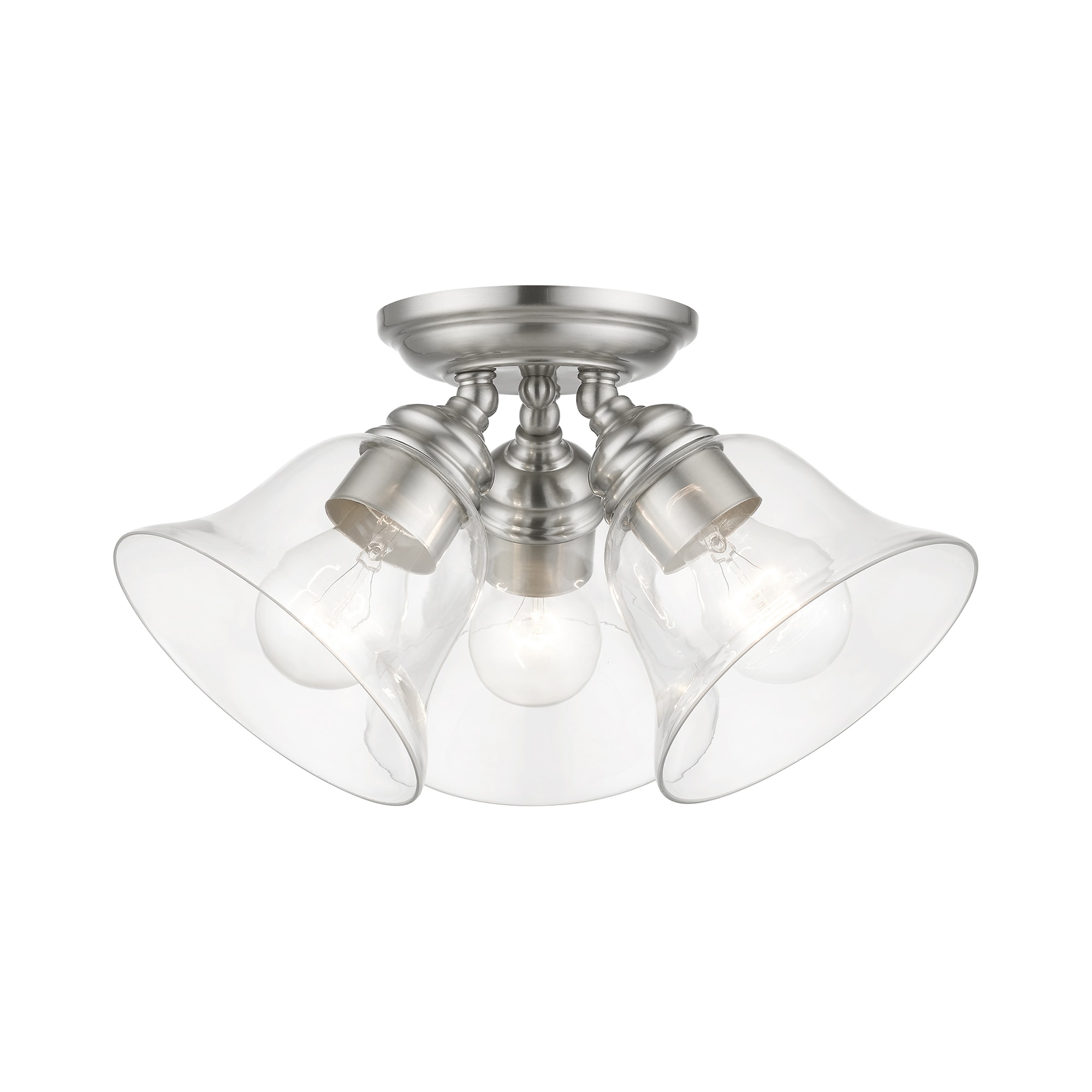 Transitional Brushed Nickel 3-Light Semi-Flush Mount with Clear Glass Shades