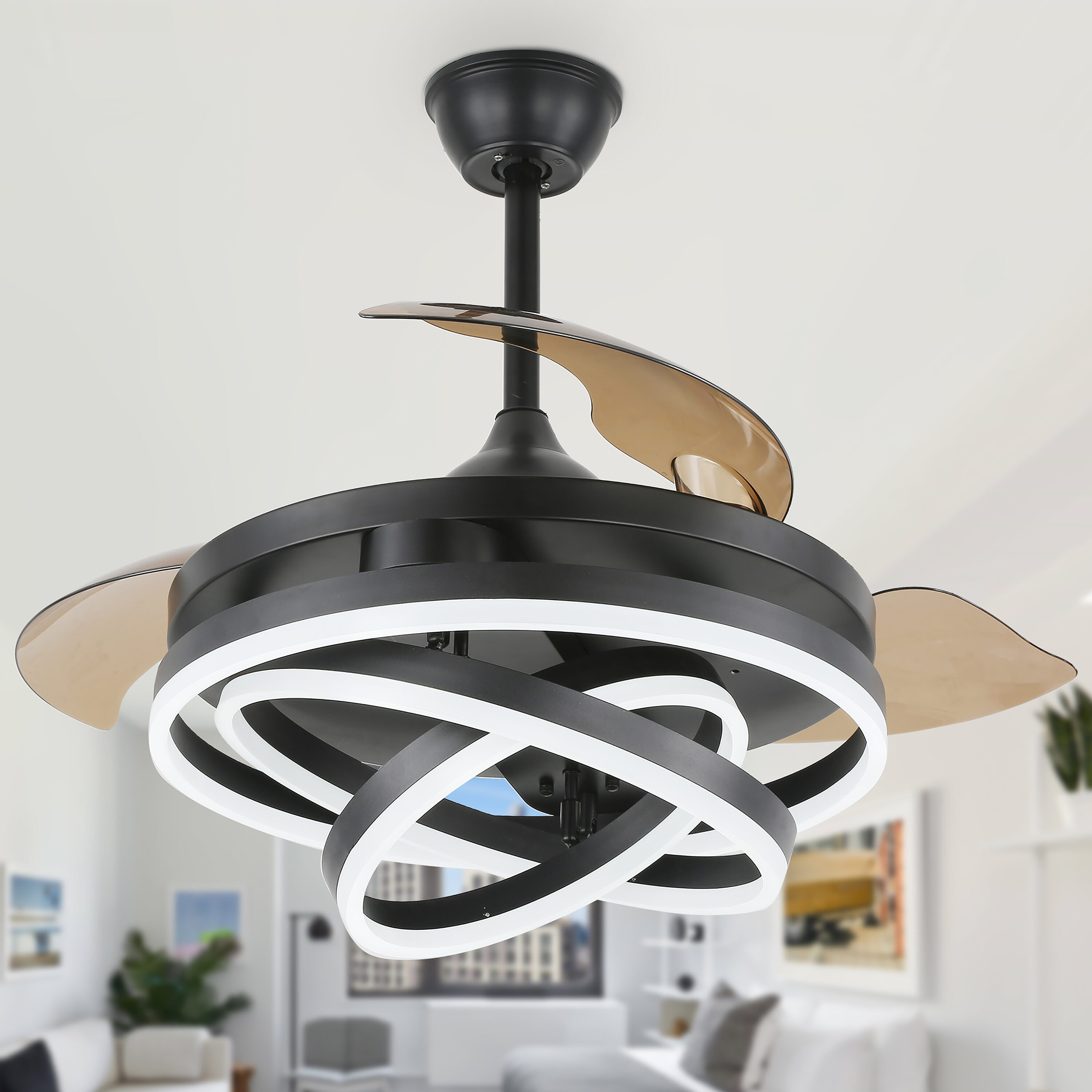 42-Inch Black Matte Retractable Ceiling Fan with LED Light and Remote