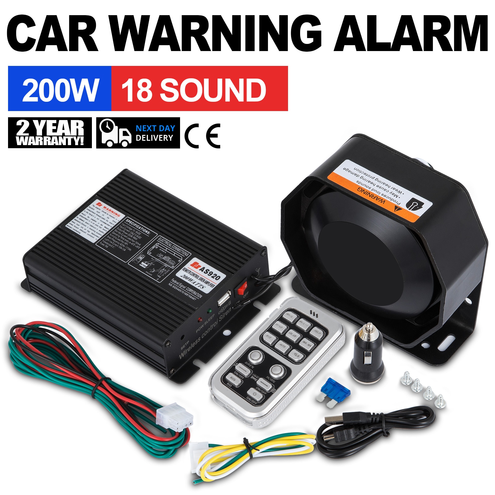 VEVOR 200W18SDCZHHQ0001V0 Police Siren Pa System with Compact Speaker, 12V 200W 18 Tone, Horn Wireless Handheld Microphone Warning Emergency Siren For Vehicles Truck Utv Atv Car