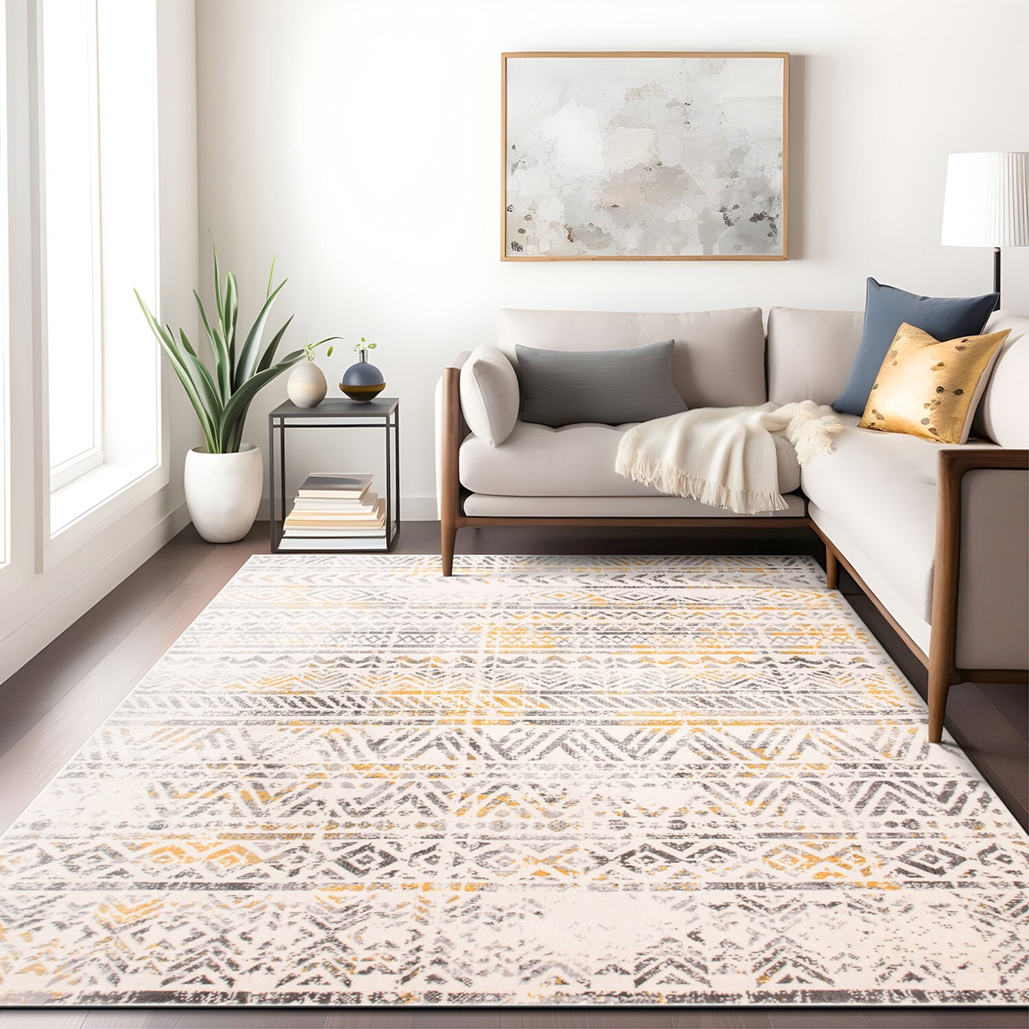 Rubber Backed Area Rug, 58 x 78 inch (fits 5x7 Area), Beige Geometric, Non  Slip, Kitchen Rugs and Mats