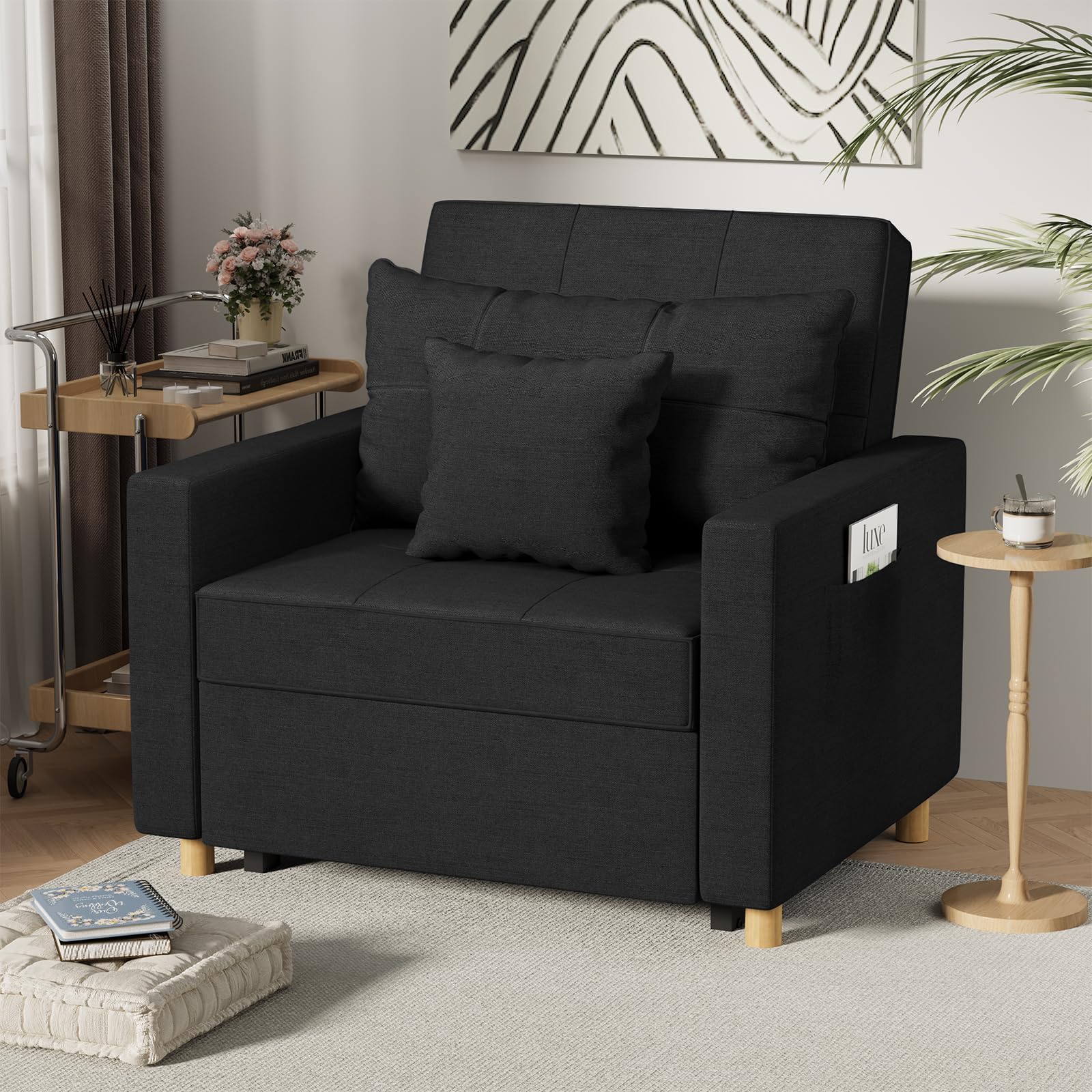 Black Metal 3-in-1 Convertible Sleeper Accent Chair