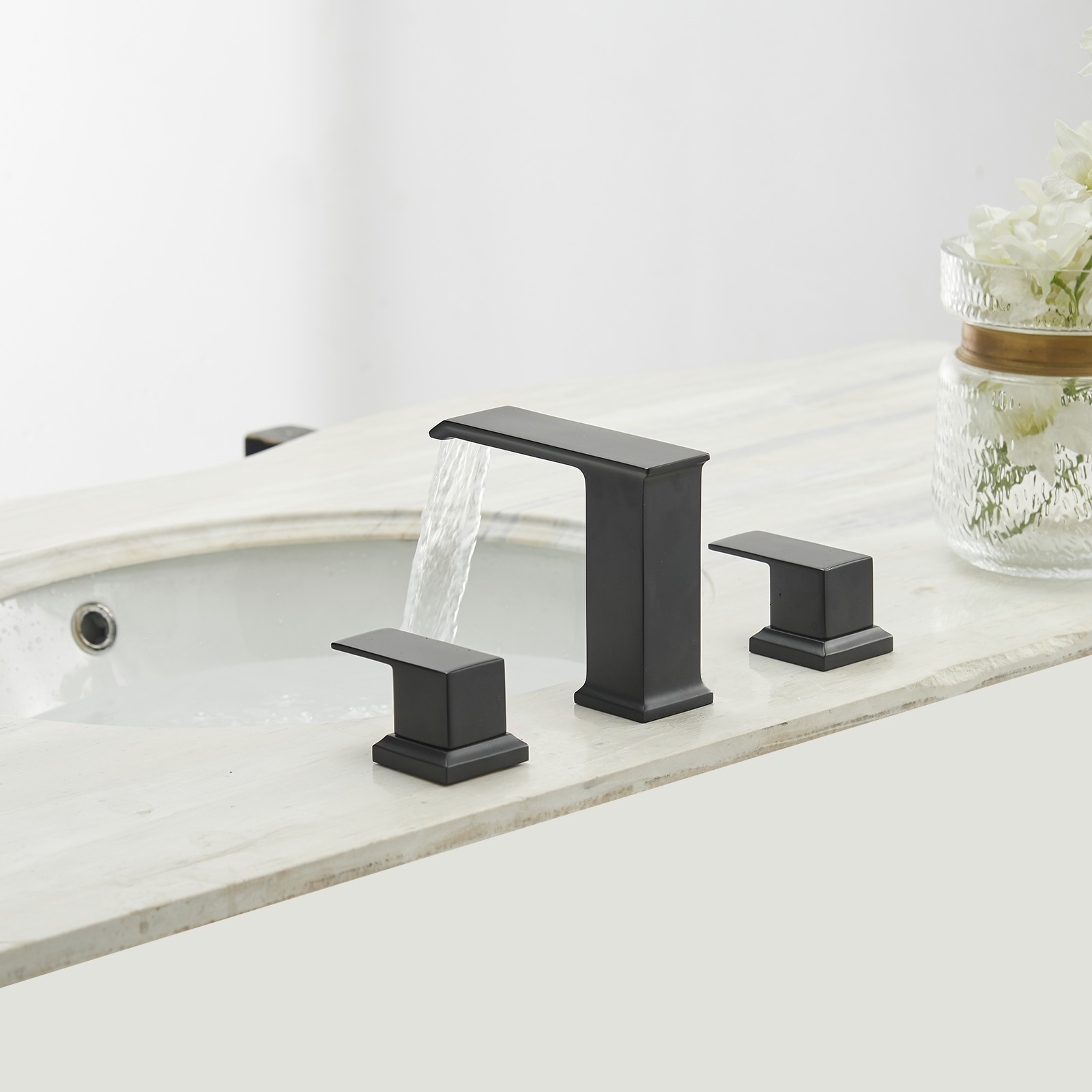 BWE Matte Black Widespread 2-Handle WaterSense Waterfall Bathroom Sink ...