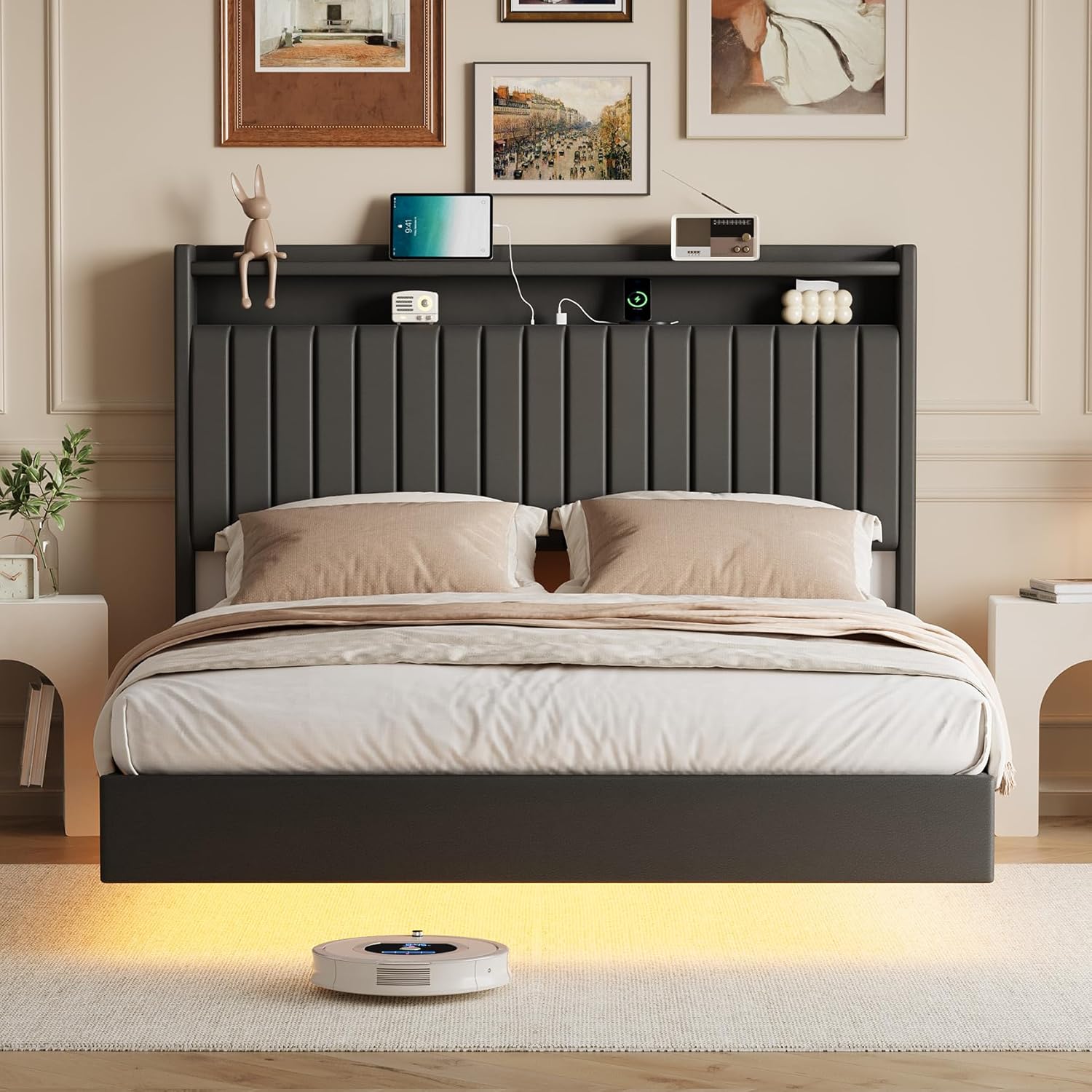 Qeetex LHF-BED-PHO-16DKDHZ5 Queen Size Floating Bed Frame with RGB LED Lights and Storage Headboard Upholstered Platform Bed Frame with Charging Station 50inches Tall Headboard Leather Bed Frame Queen Size No Box Spring Needed Black