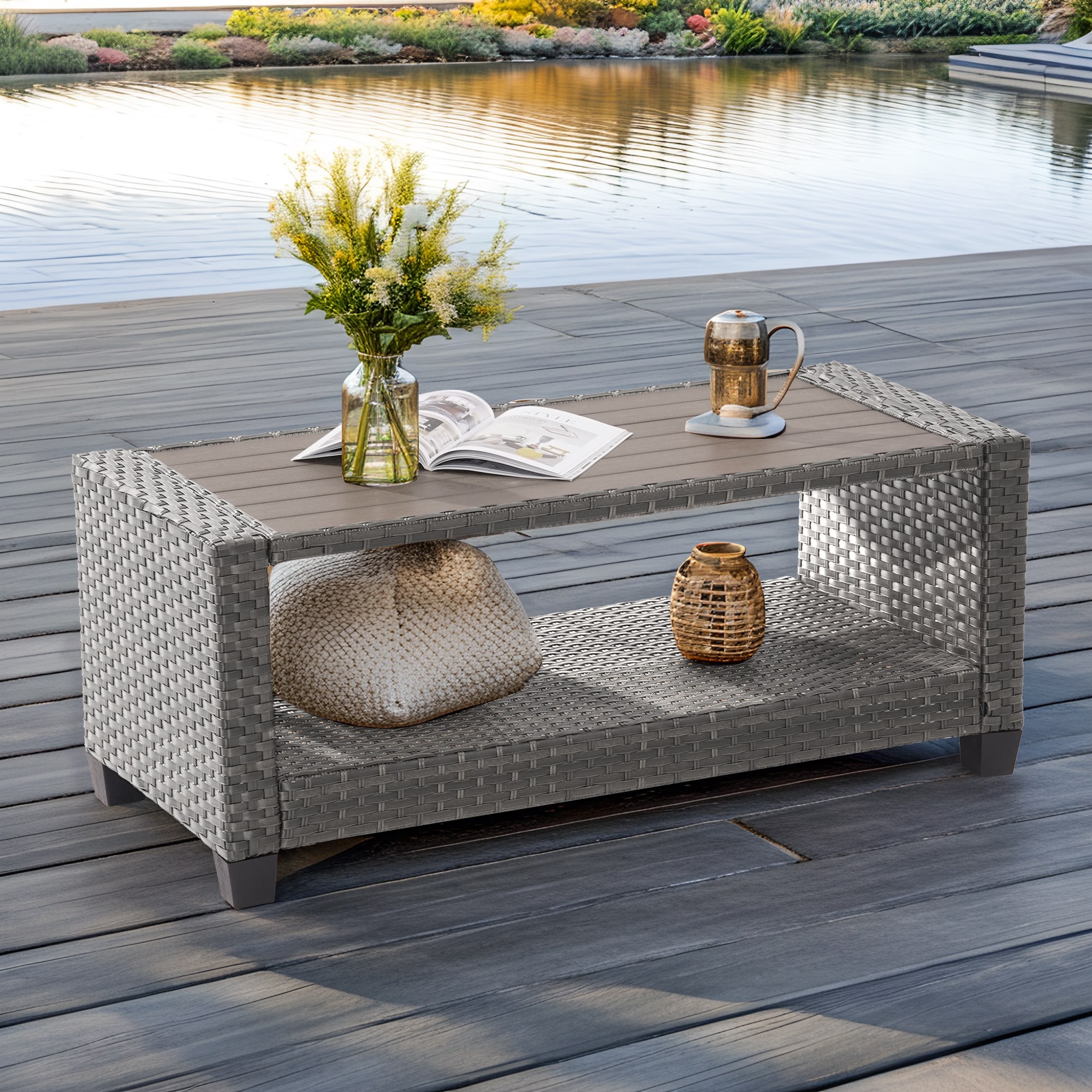 Sonkuki SD-ET-115T1-GY Patio Table Rectangle Wicker Outdoor Coffee Table 20.1-in W x 45.3-in L