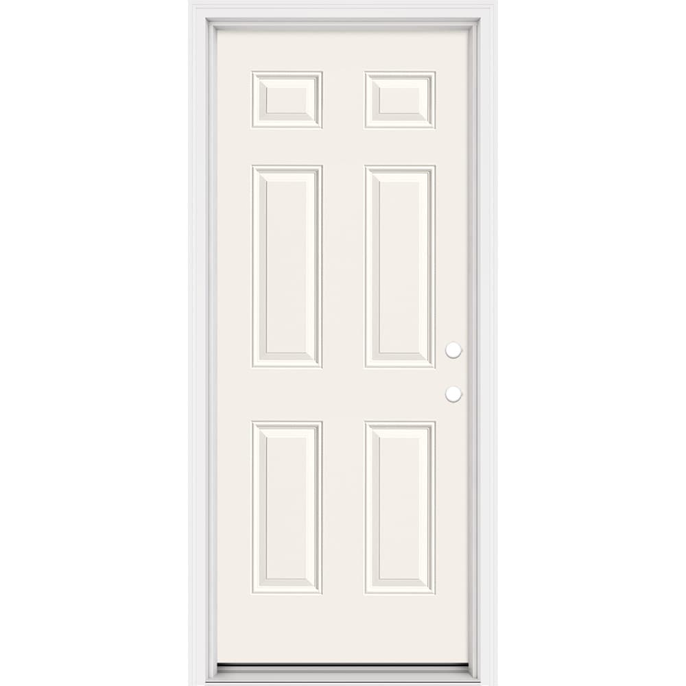 Masonite 321077 Steel Doors Series 32-in x 80-in x Steel No glass Left-hand inswing Artic White Painted Prehung Front Door with Brickmould Insulating core