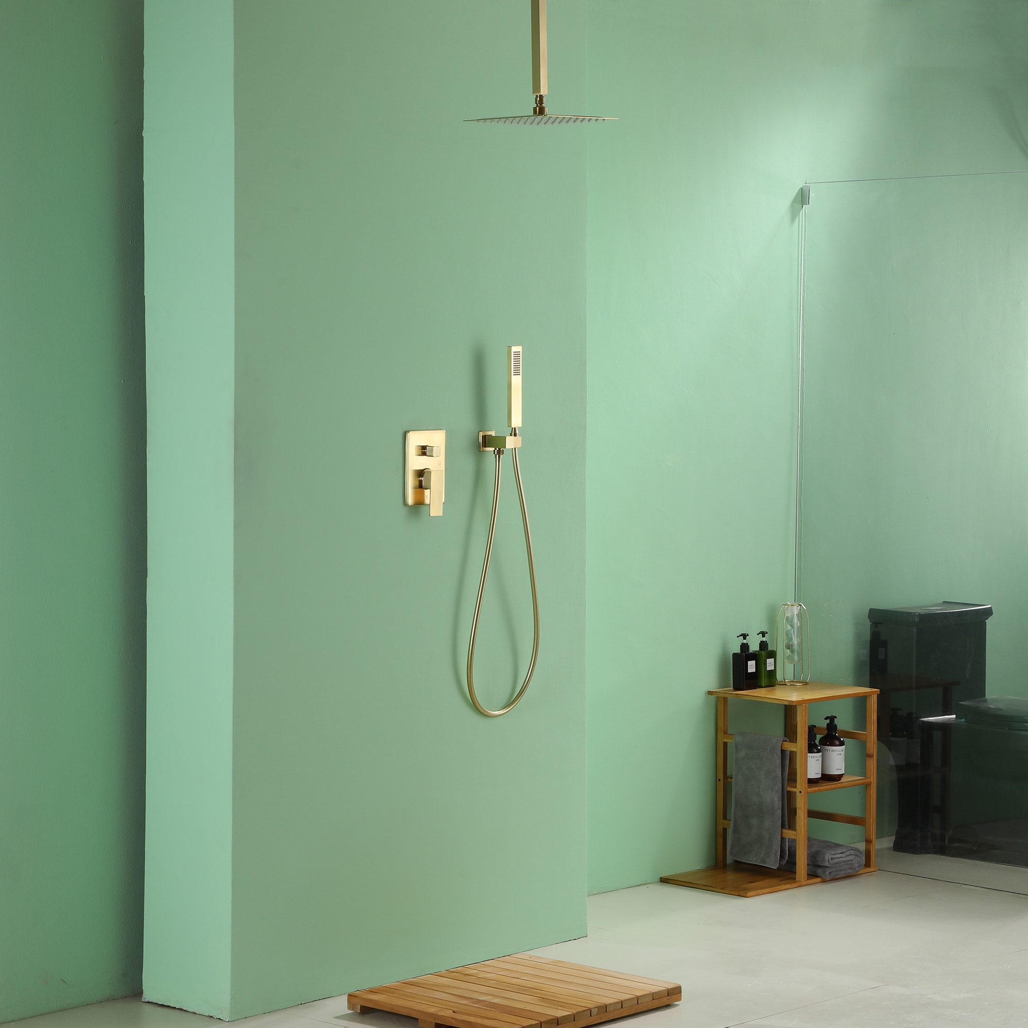 Clihome CL-EB10C3MB Brush Gold 10-in Waterfall Dual Head Built-In Shower Faucet System with 2-way Diverter (Pressure-balanced Valve Included)