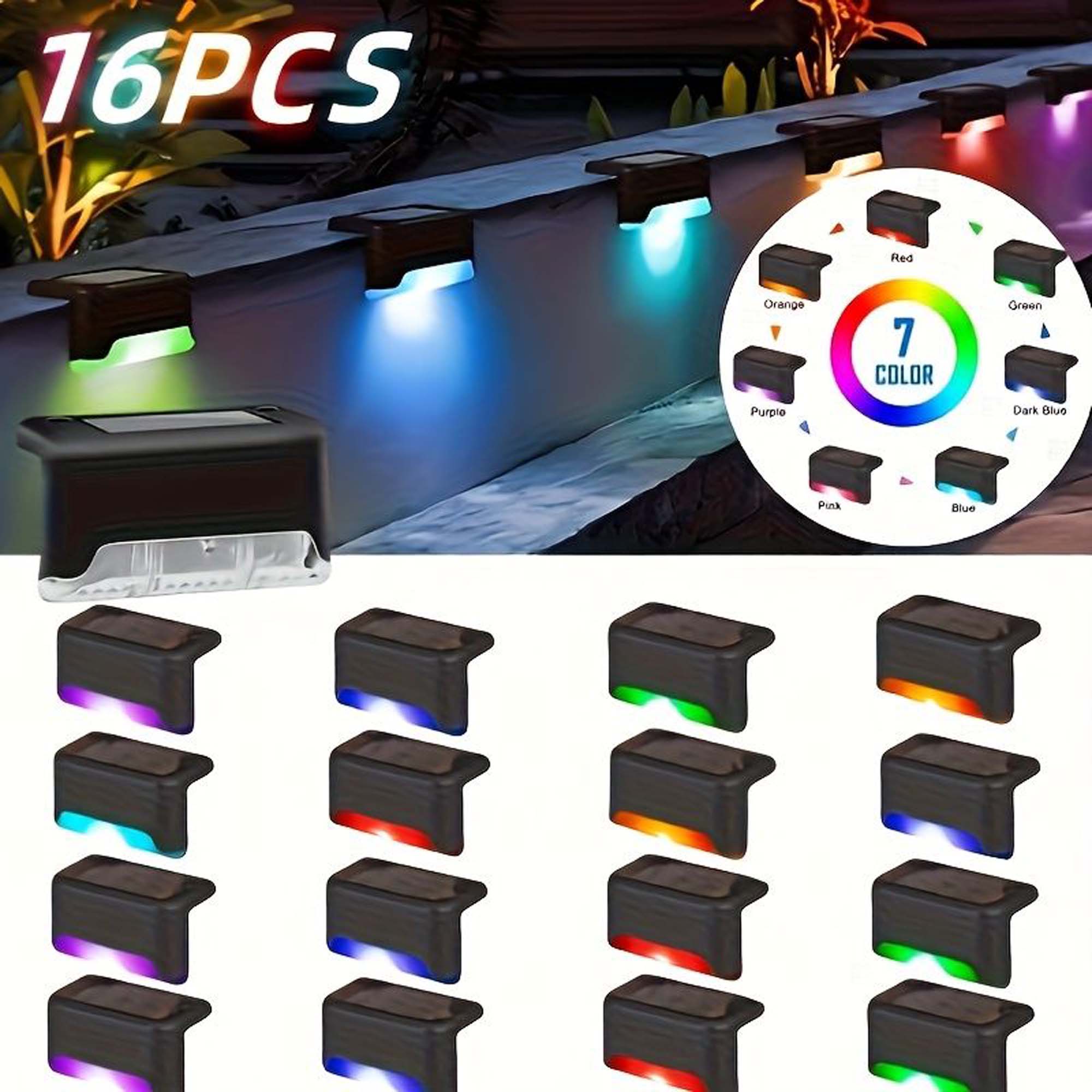 Multicolor Outdoor String Lights 16 Pack Led Solar Deck Lights Waterproof Solar Step Lights Fence Lights for Outside Step Fence Deck Stair Pool and Yard