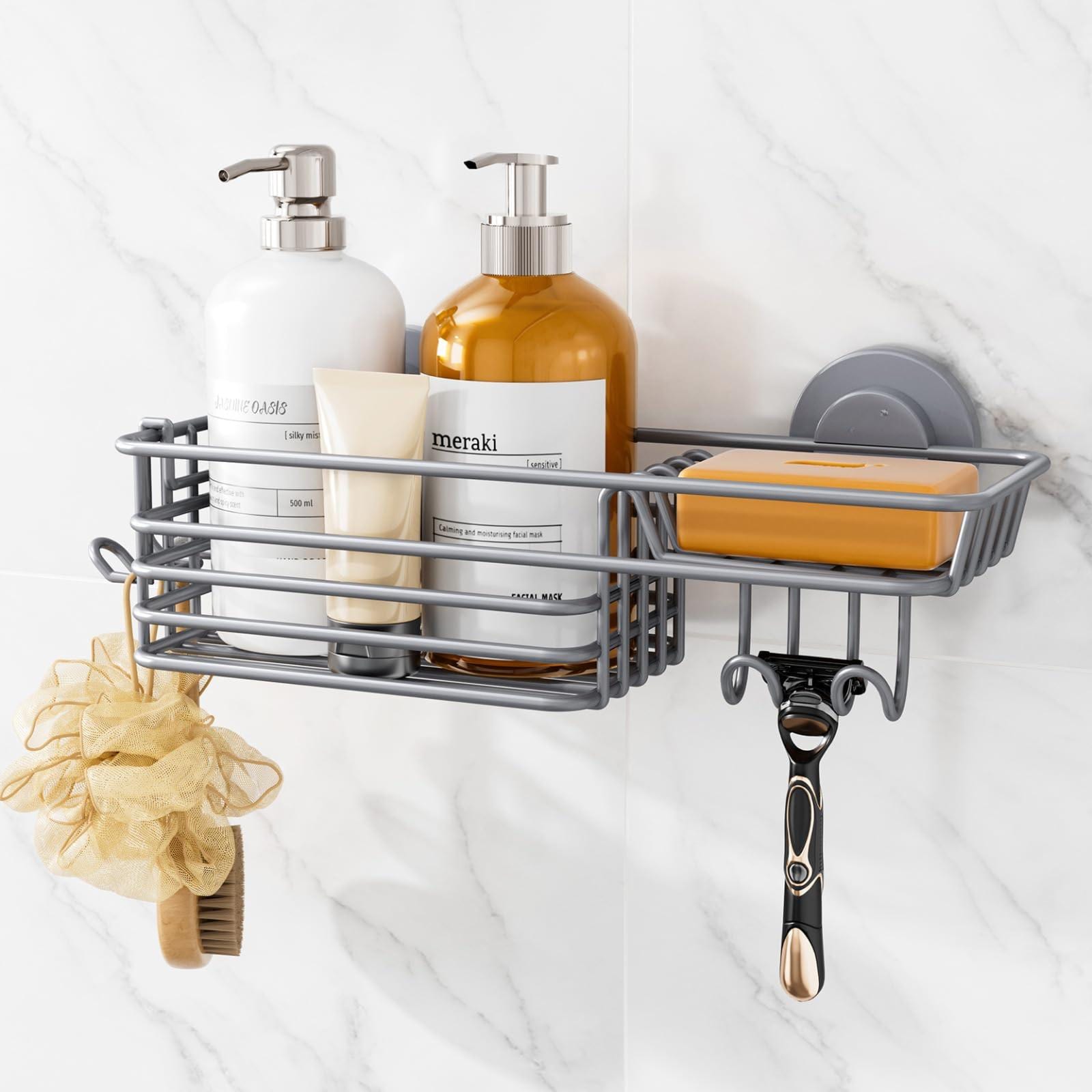 Lovav Shower Suction Cup Shelf Hook Bathroom Organizer No Drilling Stainless Steel Storage Grey