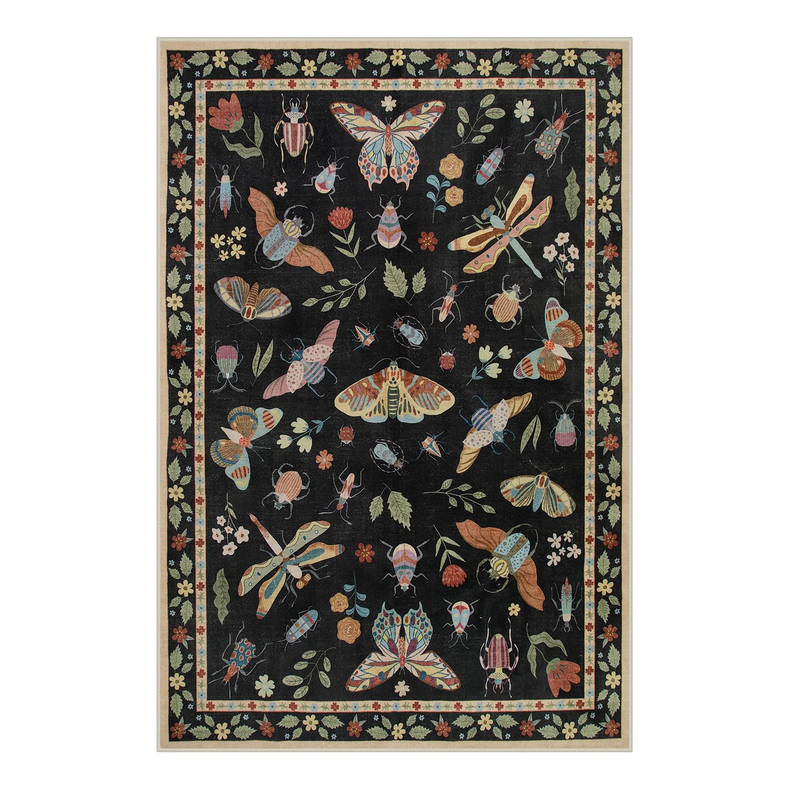 AR-DYR-216-B1 5ft x 7ft Black Machine Washable Animal Life Insects Area Rug
