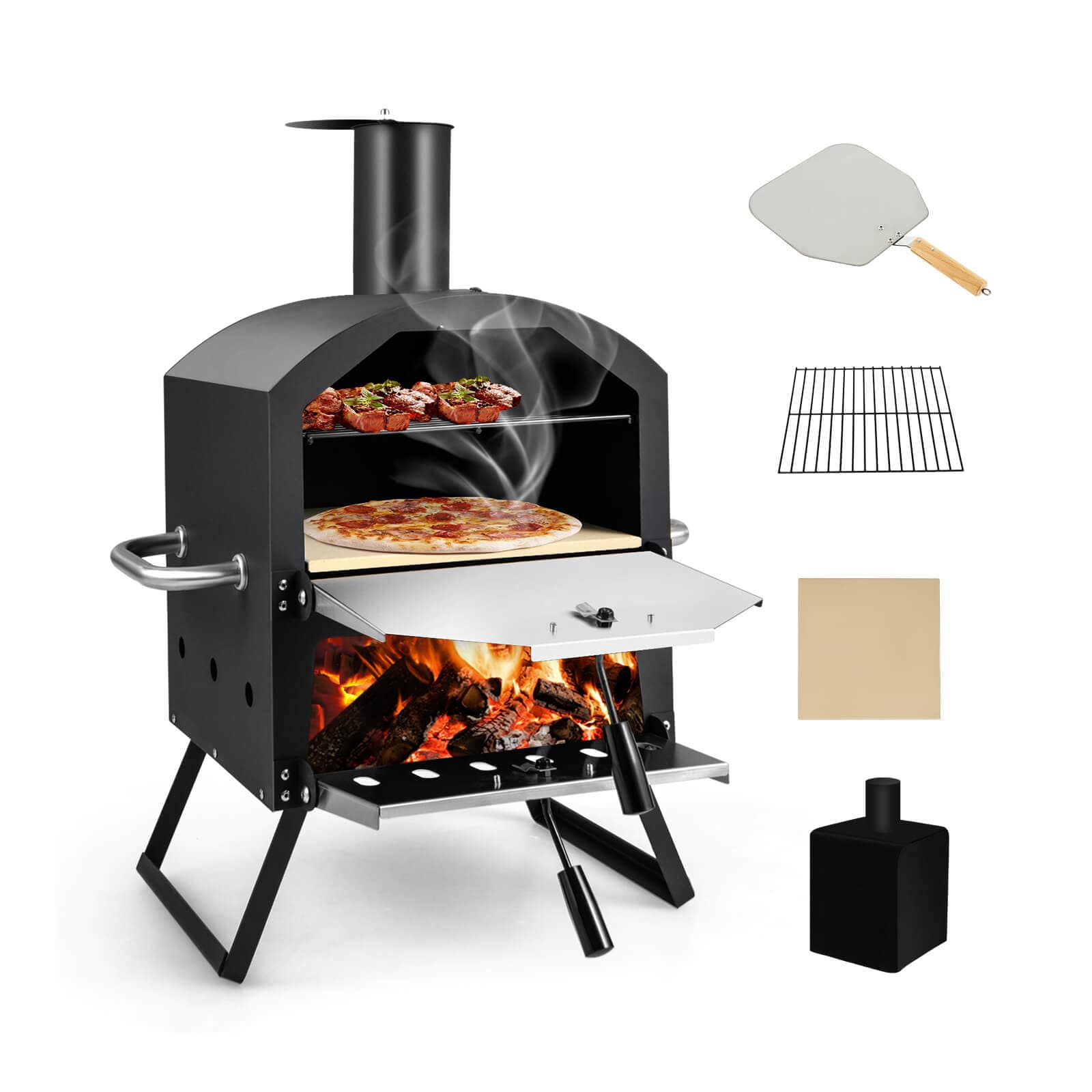 Slickblue D-CO-KB41801PN Metal Stainless Steel Wood Pellet Outdoor Pizza Oven for Camping Backyard Patio with 12-Inch Pizza Stone with 2-Layer Cooking and Removable Rack- Black and Silver