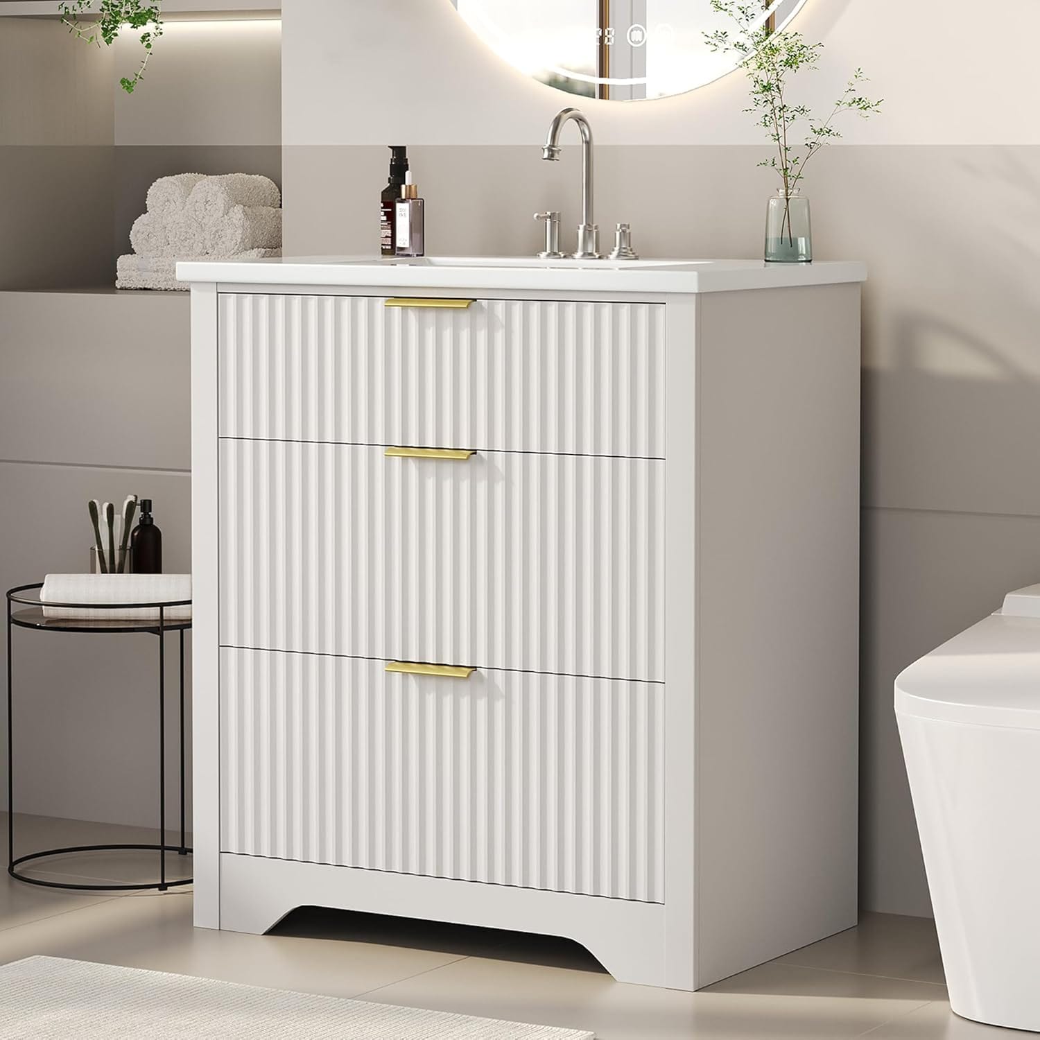 Idealhouse 30in Fluted Bathroom Vanity with Sink Farmhouse Freestanding Bathroom Sink Cabinet with 2 Drawers and 1 Flip-Down Drawer Easy Assembly and Cleaning White