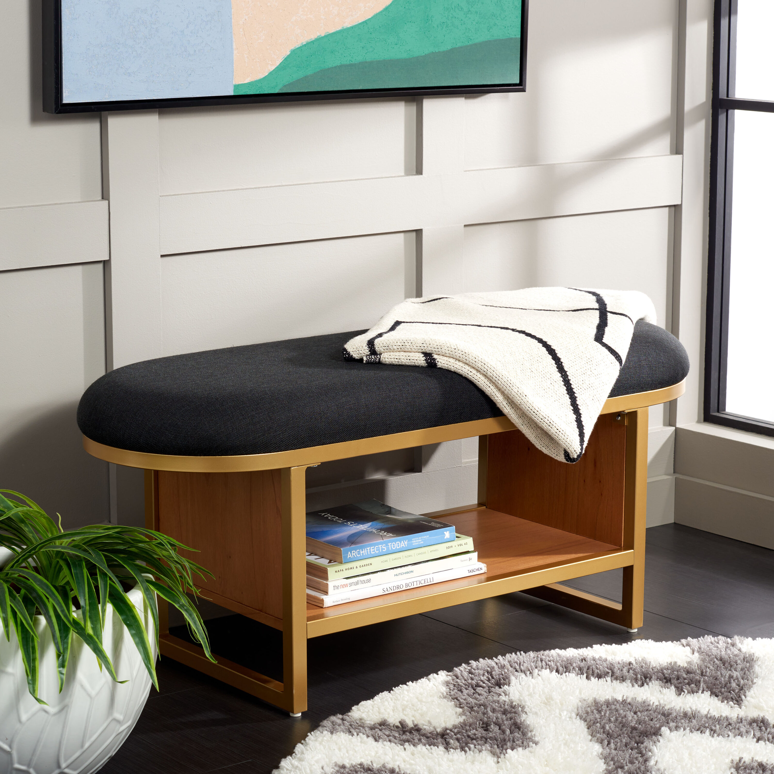 Safavieh BCH5002A Iona Modern Black/Walnut Accent Bench with Storage 42-in x 15-in x 18-in