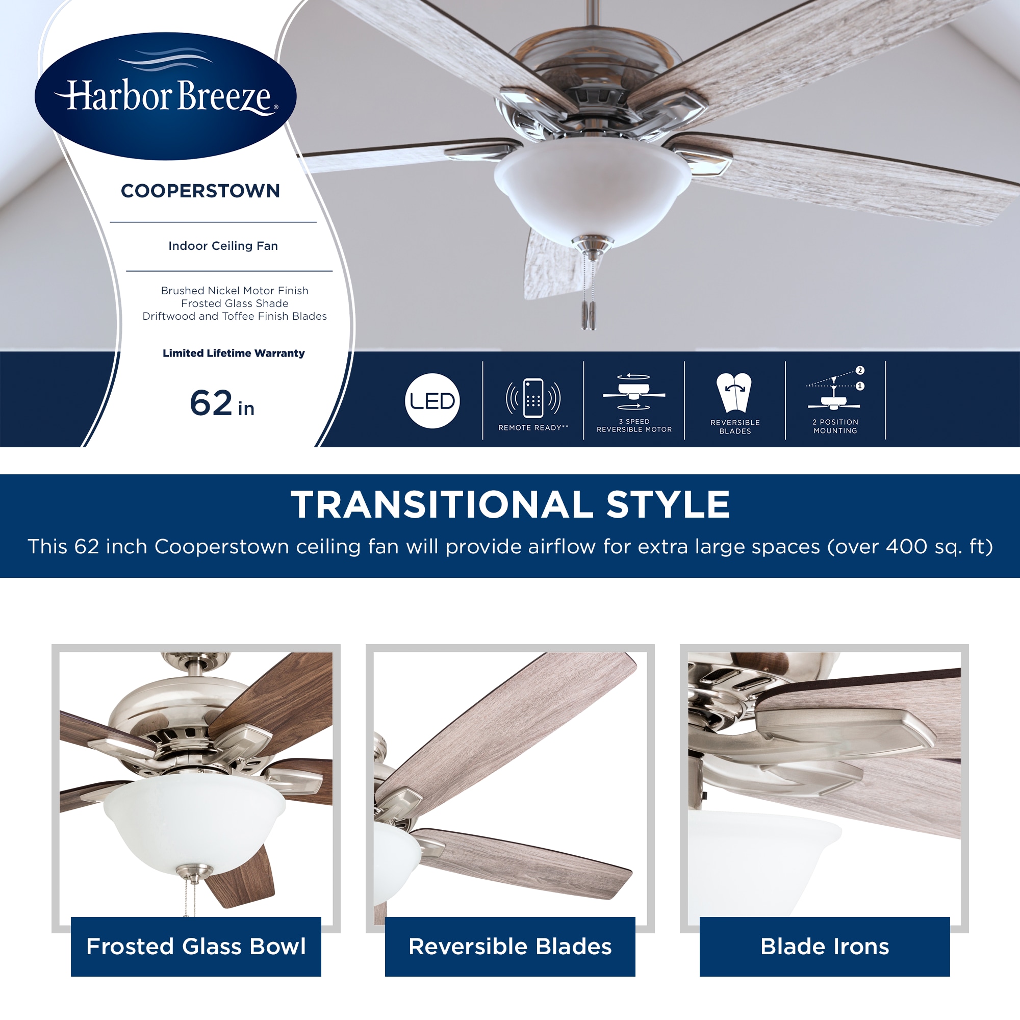 Harbor Breeze Cooperstown buy 62-in Brushed Nickel LED Indoor Ceiling Fan with Light