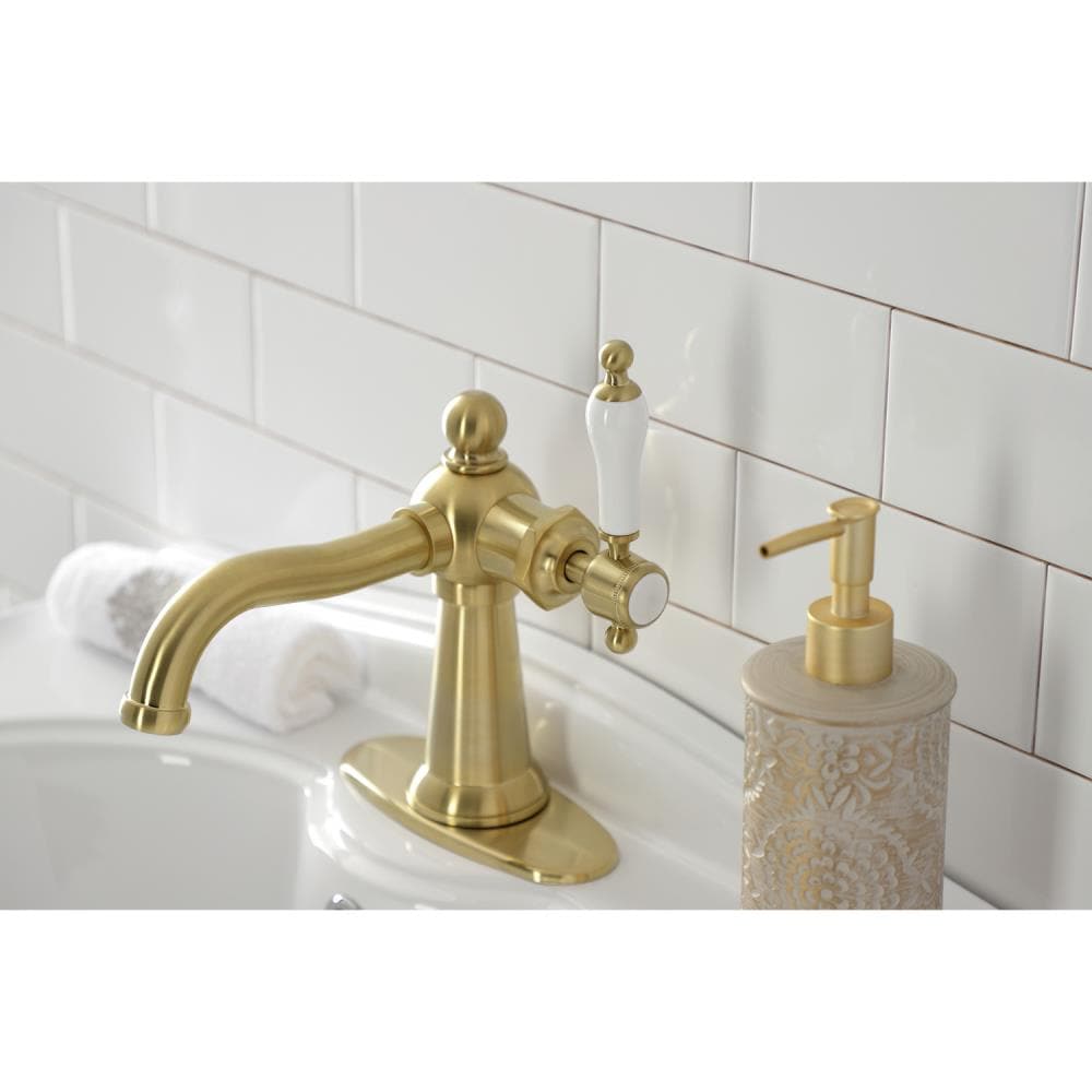 Kingston Brass Nautical Brushed Brass 4 In Centerset 1 Handle Bathroom Sink Faucet With Drain 2862