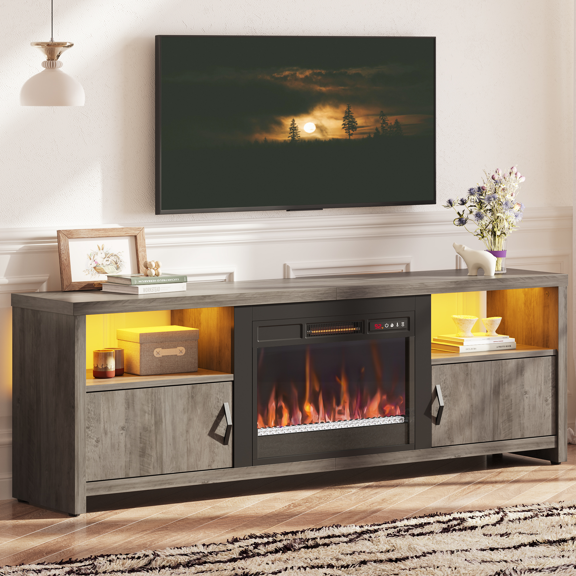 Bestier 70.87-in W Gray LED Electric Fireplace TV Stand for 75 inches TV with Storage Cabinets and Wireless remote control