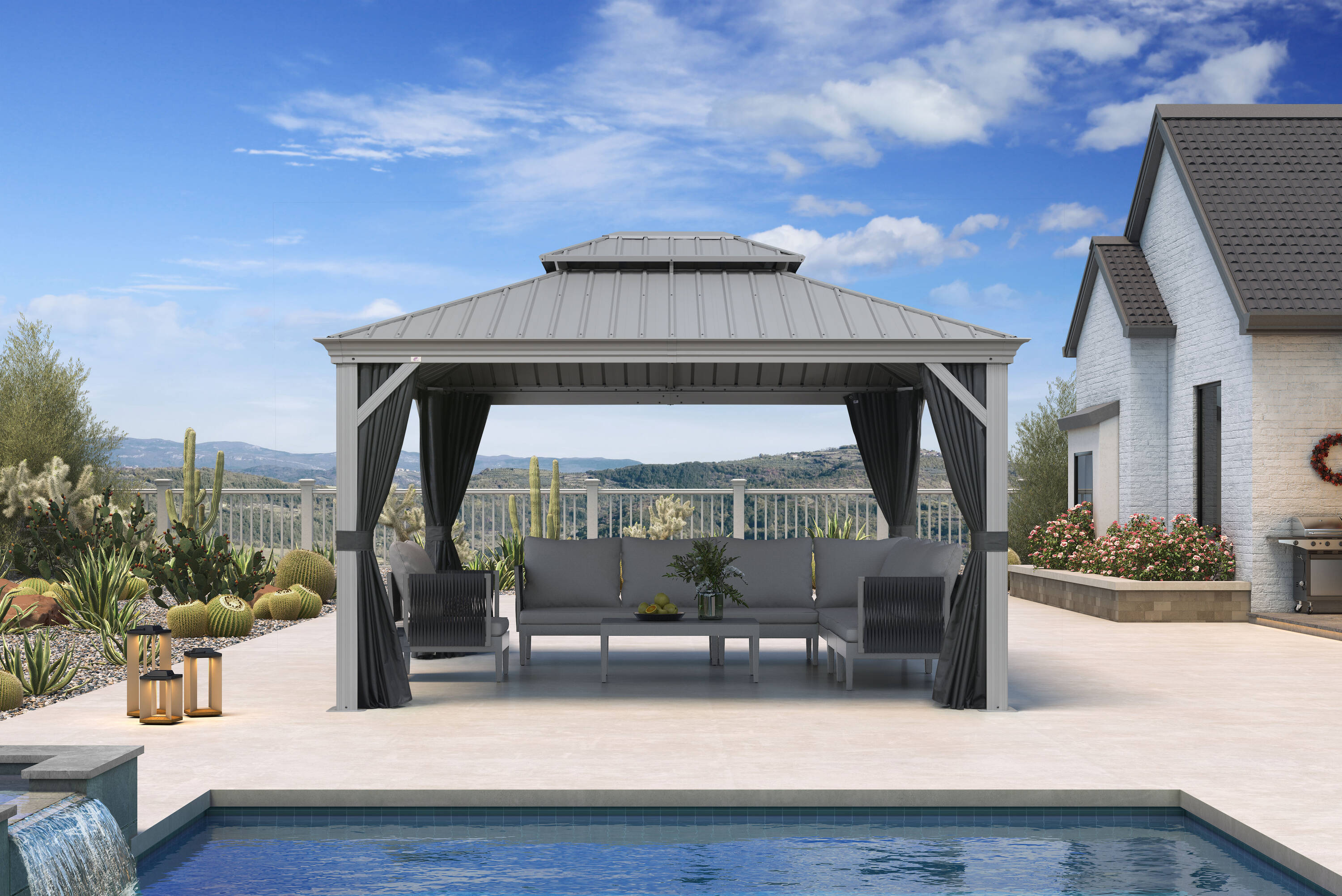 PURPLE LEAF LSHSHTG1113 13-ft x 11-ft Hardtop Gazebo Light Gray Gazebo with Hardtop Roof (Screen Included)