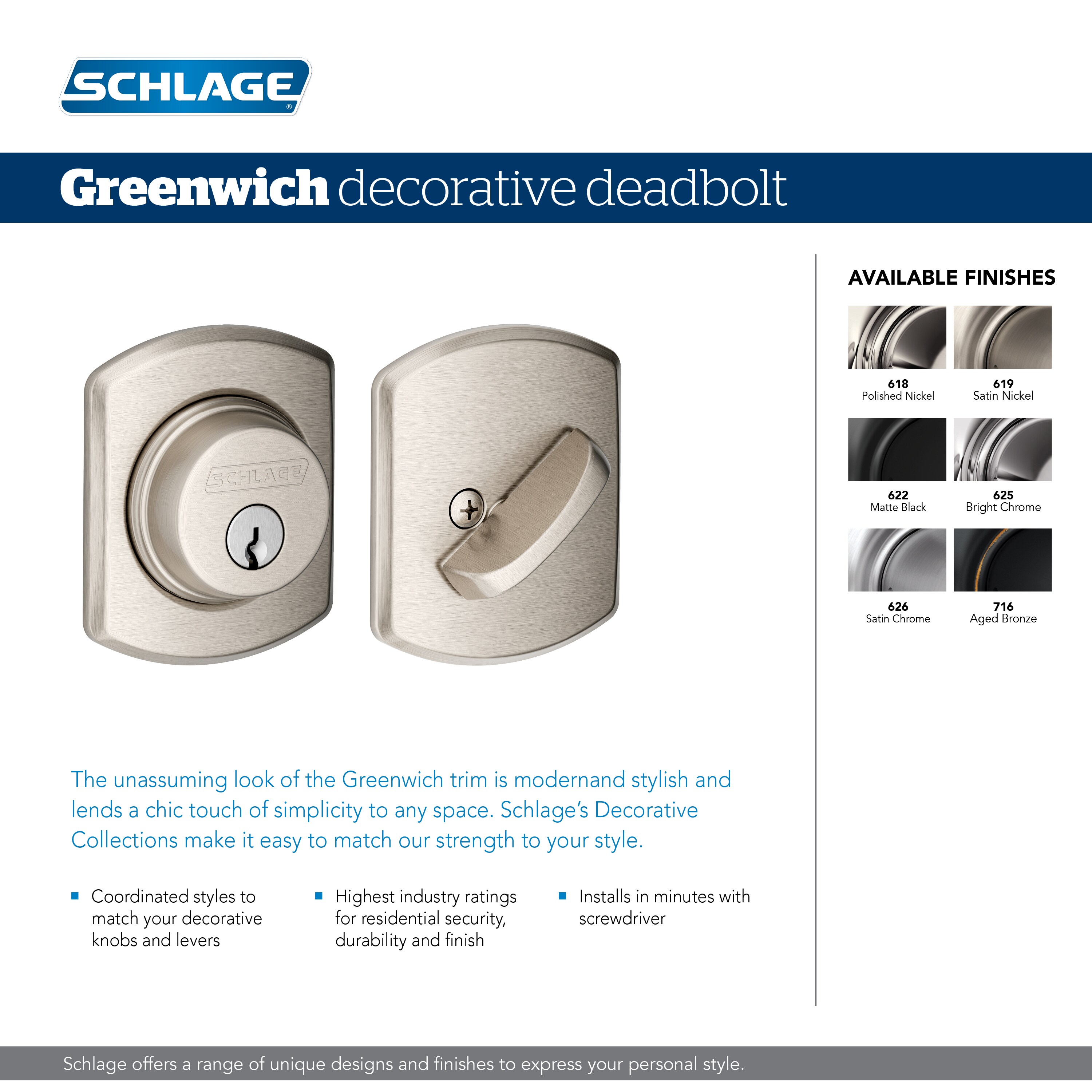 Schlage® Accent Satin Nickel Entry Door Lever and Single Cylinder