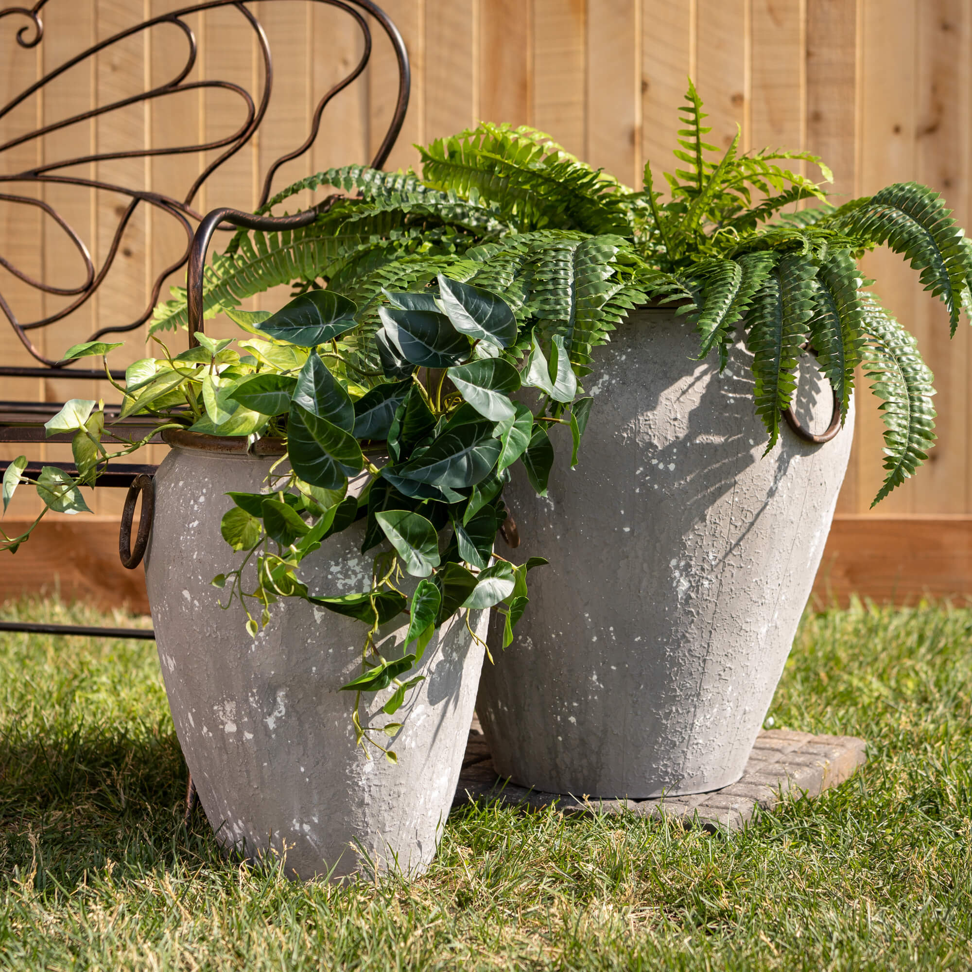 Rustic Gray Metal Urn Planter Set with Handles, 2-Pack