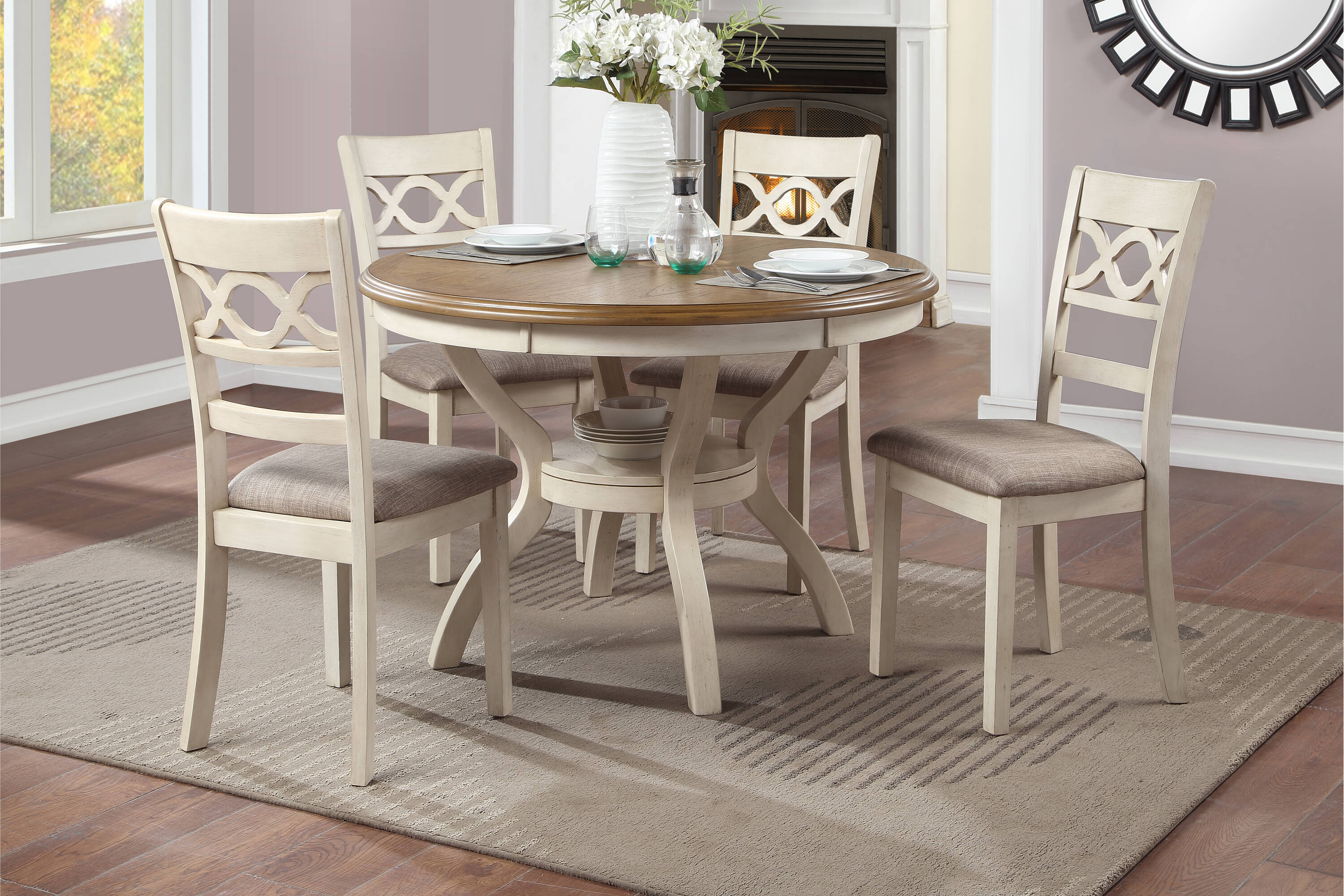 New Classic Furniture D1719-50S-BSQ Cori Bisque/Brown Transitional Dining Room Set with Round Table ( Seats 4 )