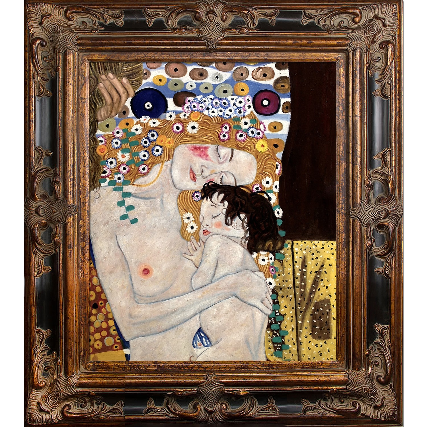 La Pastiche 688576386362 Le tre eta della donna (Mother and Child) Gustav Klimt Black/Gold Wood Framed 31.5-Inches H x 35.5-Inches W People Canvas Hand-Painted Painting