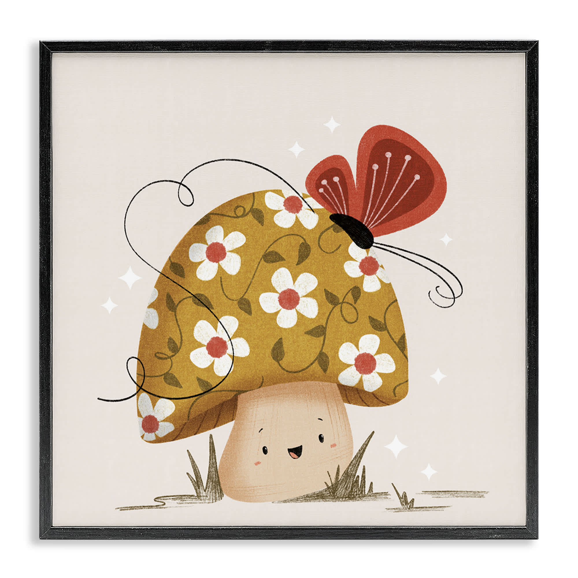 Stupell Industries BT-434-FR-24X24 Happy Mushroom and Butterfly Black Framed Giclee Art By Sarah Hickman 24 x 24