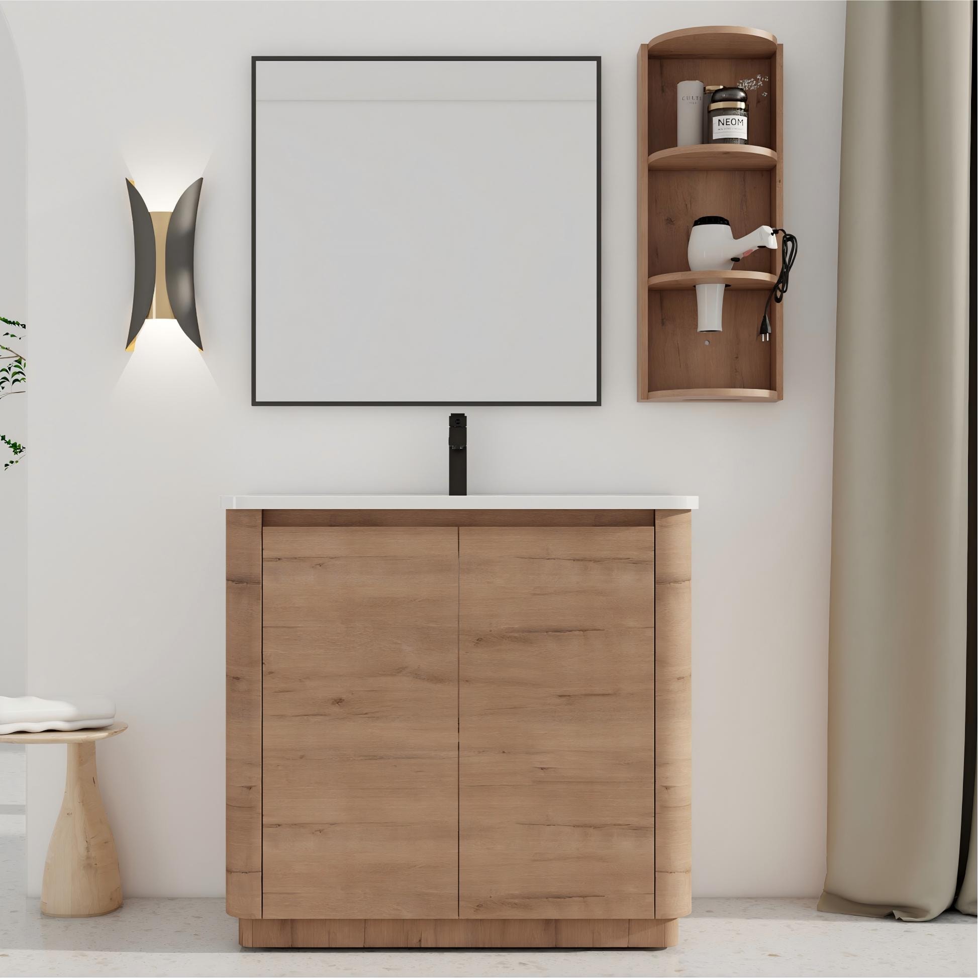 Xspracer 36-in Imitative Oak Finish Single Sink Bathroom Vanity with White Ceramic Top