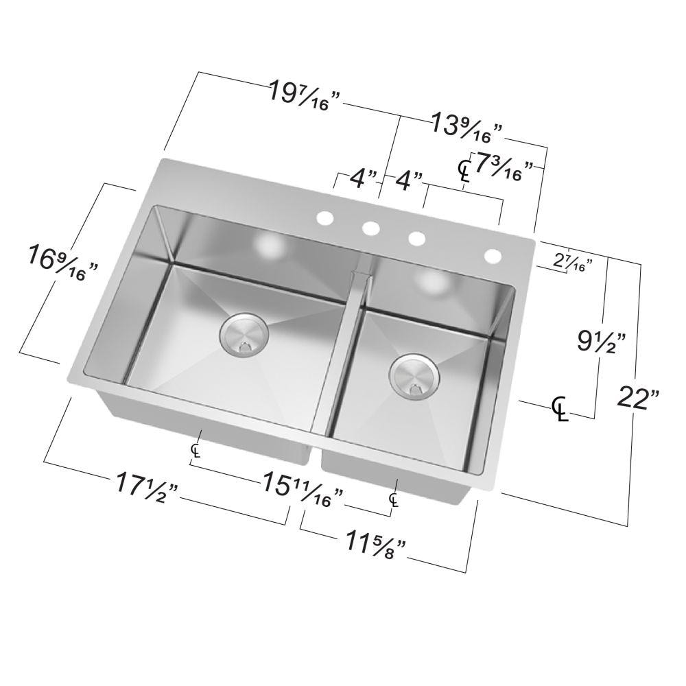 Transolid Diamond Dual Mount 33 In X 22 In Brushed Stainless Steel Double Offset Bowl 1 Hole 1891