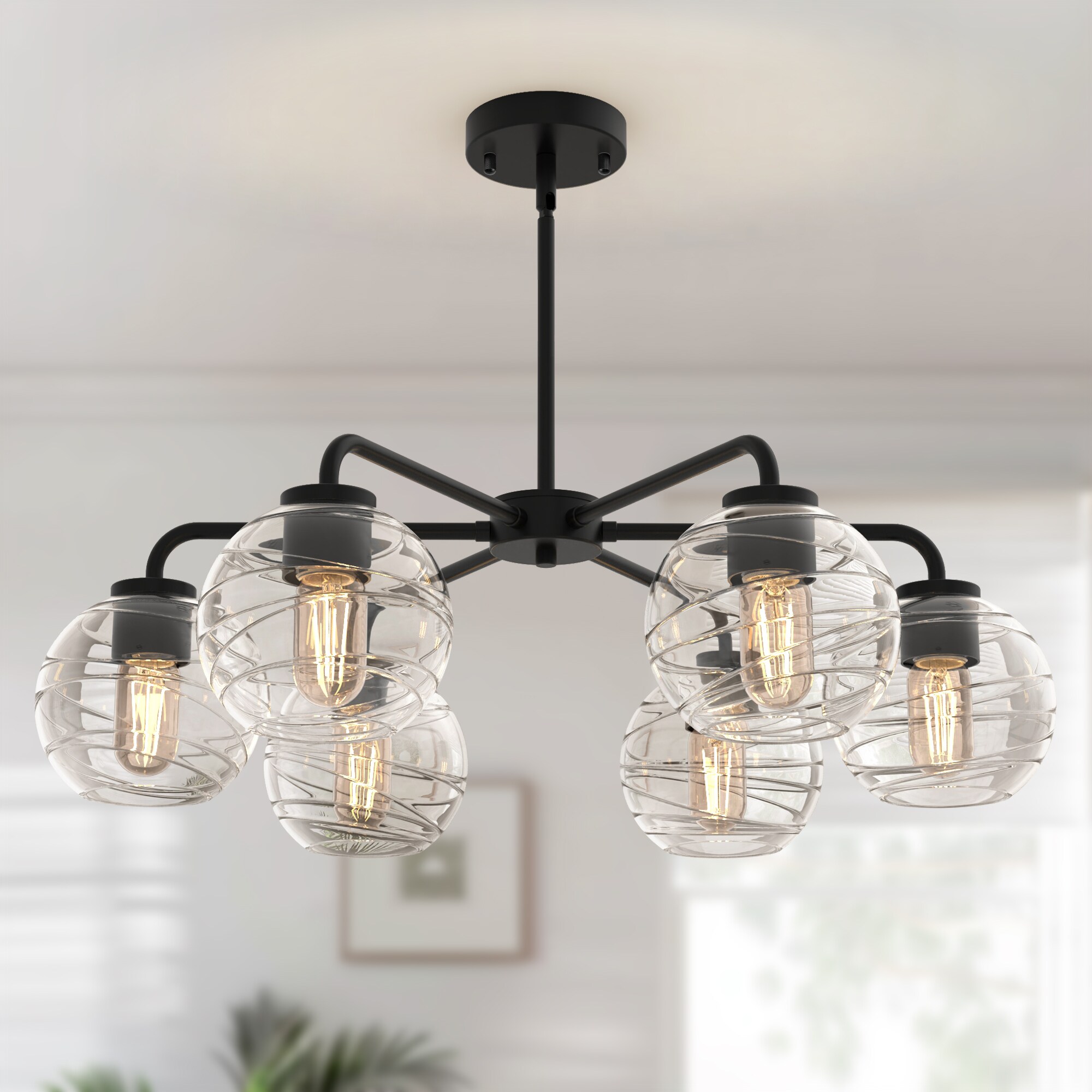 YANSUN LA-ZY-BX10201FBL-11 6 -Light Black Modern/contemporary Art glass Globe Large Hanging Convertible pendant/Semi-flush