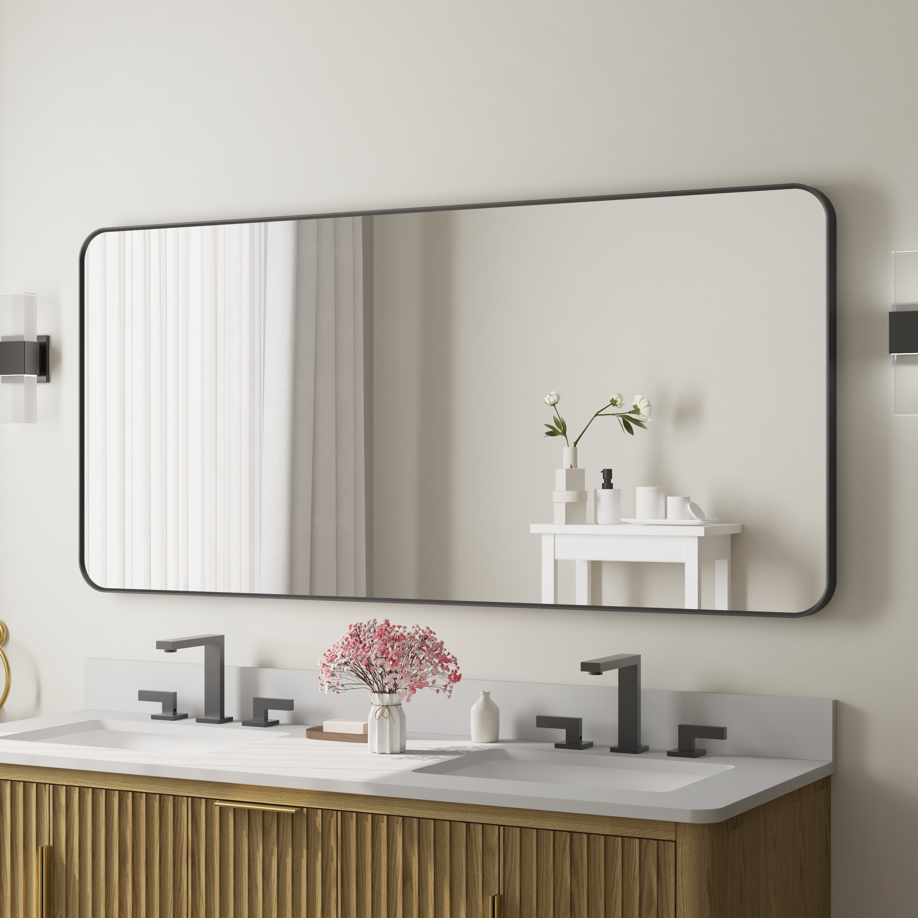 WELLFOR F1MR6028MB Bella 60-in x 28-in Framed Rectangle Bathroom Vanity Mirror ( Matte Black )