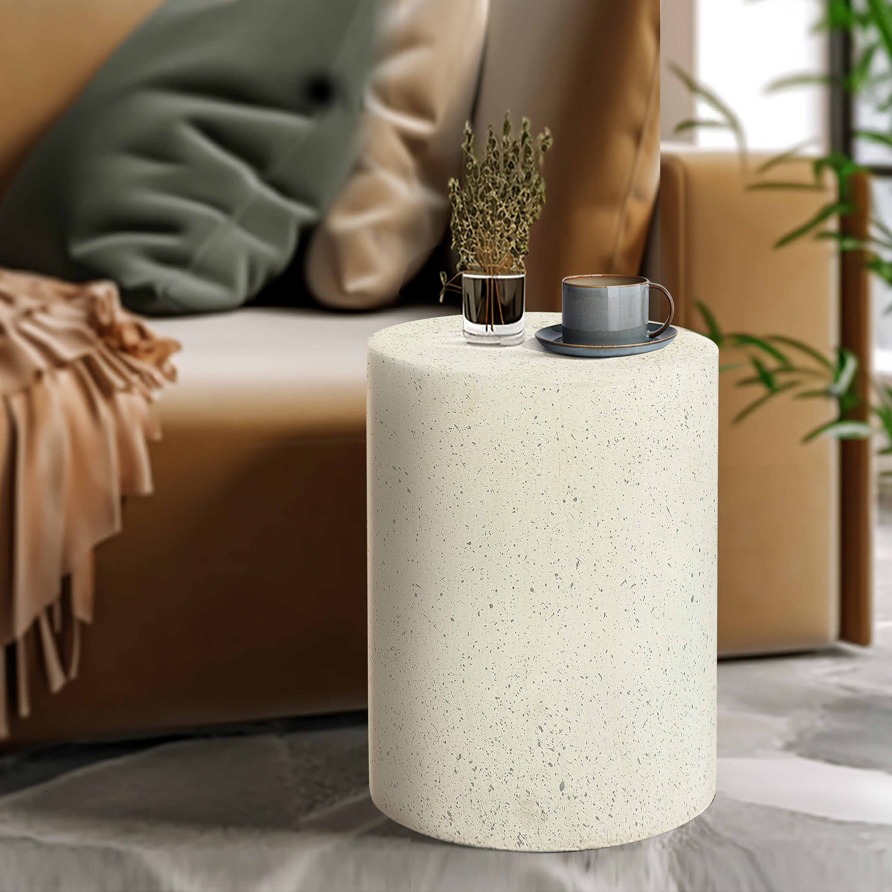 Off-White and Gray Speckled Cement Round Patio Side Table