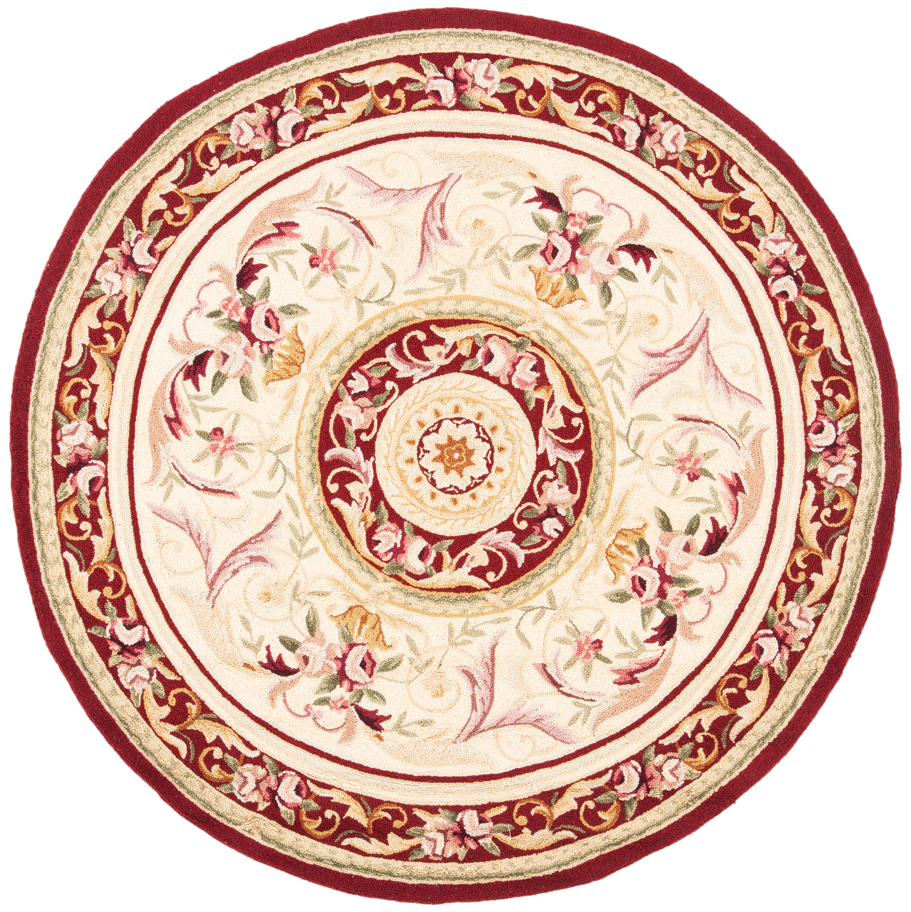 Safavieh HK72A-8R Chelsea Aubusson 8 x 8 (ft) Hooked Wool Ivory/Burgundy Round Indoor Floral/Botanical Area rug