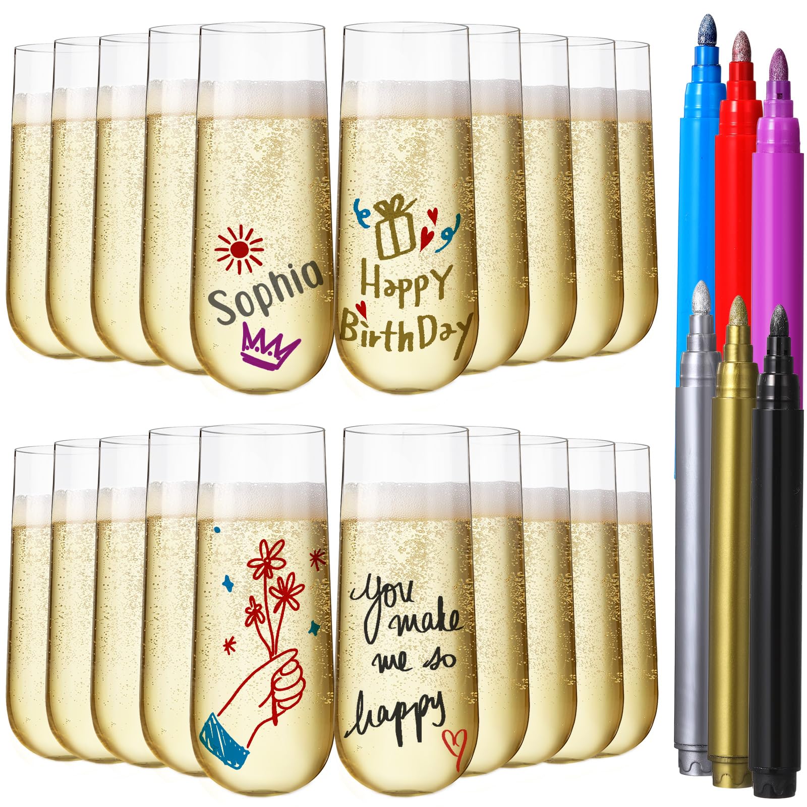 Aoibox  9 oz Stemless Plastic Champagne Flutes 24 Pack with 6 Wine Glass Marker Pens Clear Disposable Toasting