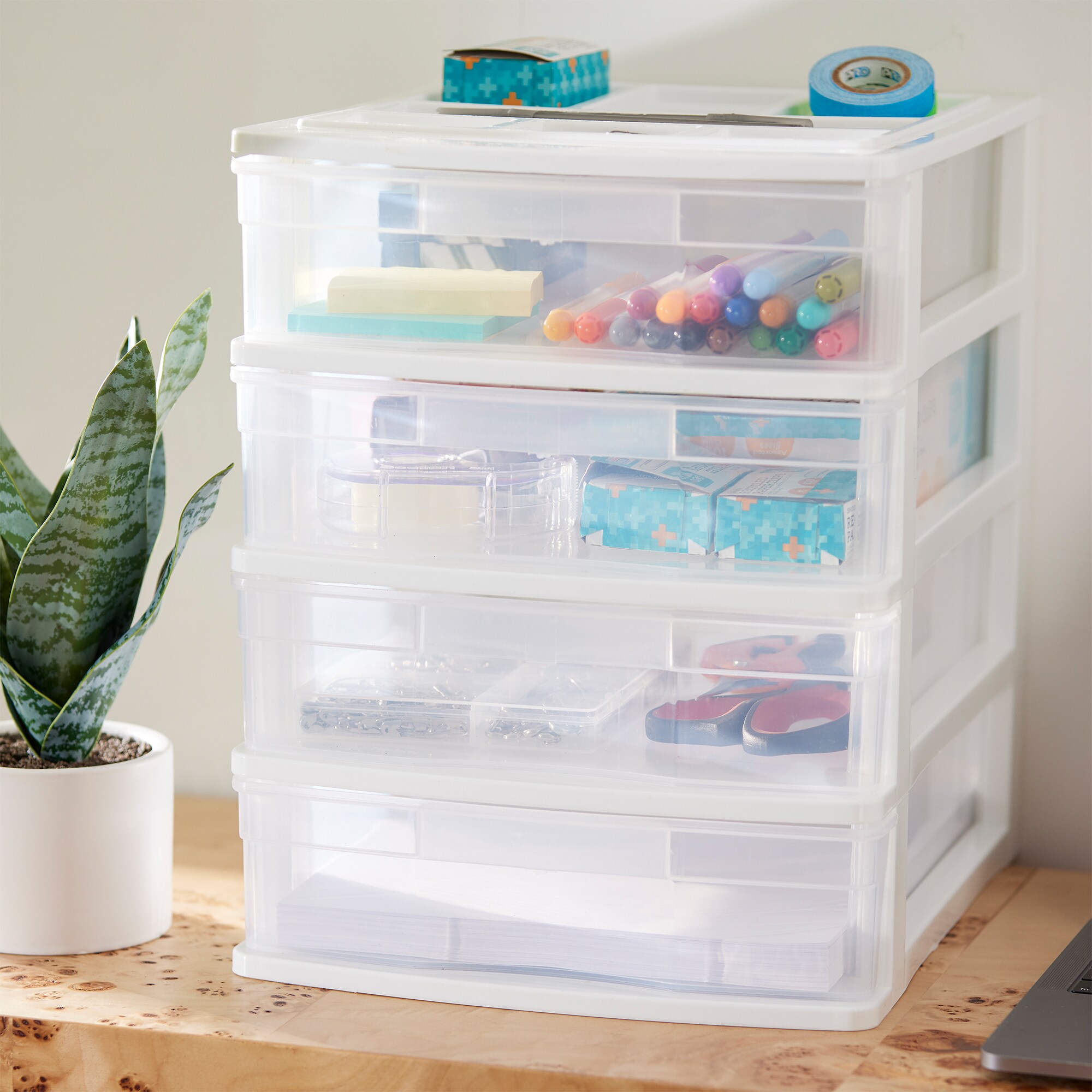 Gracious Living Resin Clear 4 Drawer Storage Chest Organization System with  Casters, White