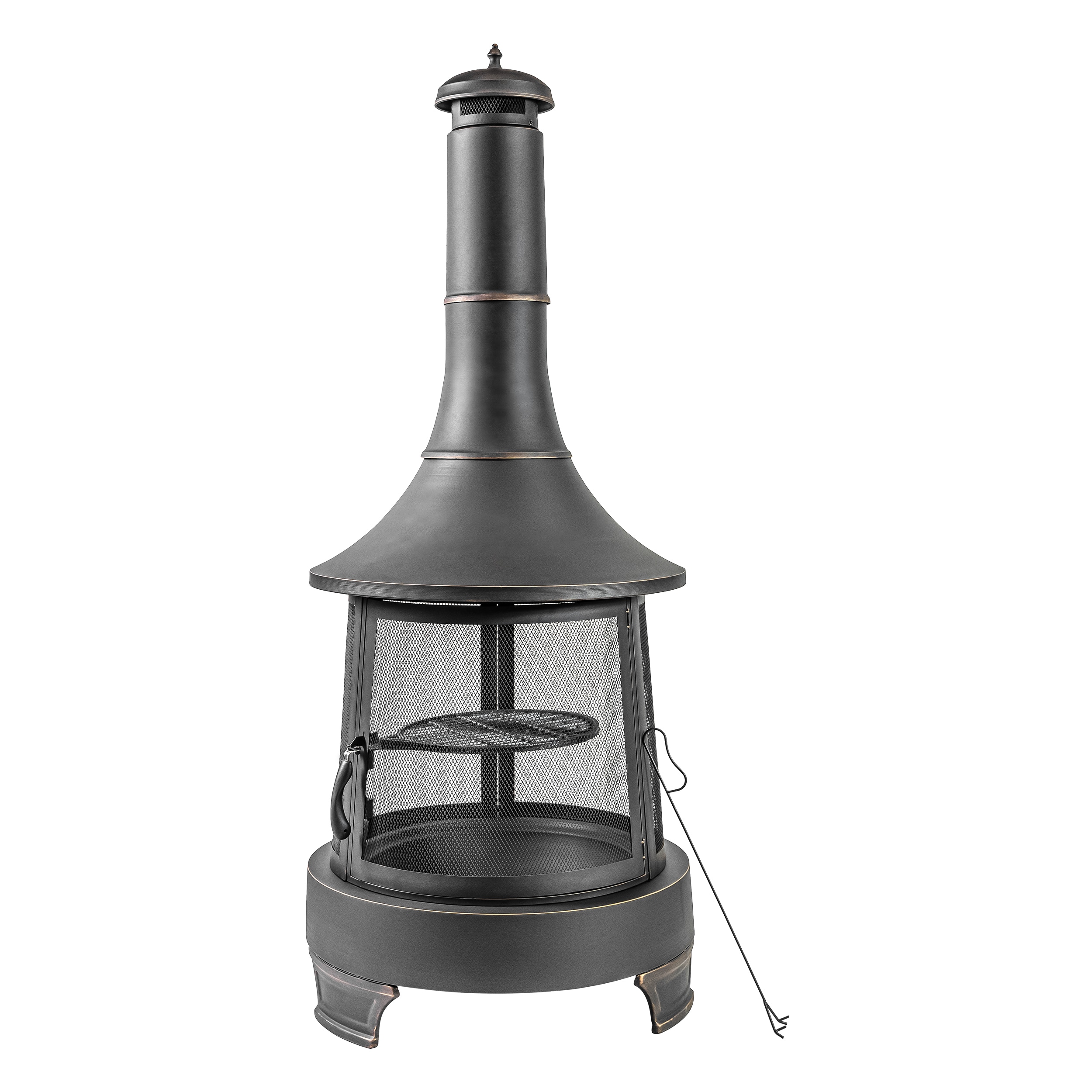 Black Steel Chimney Fire Pit with Cast Iron Grill