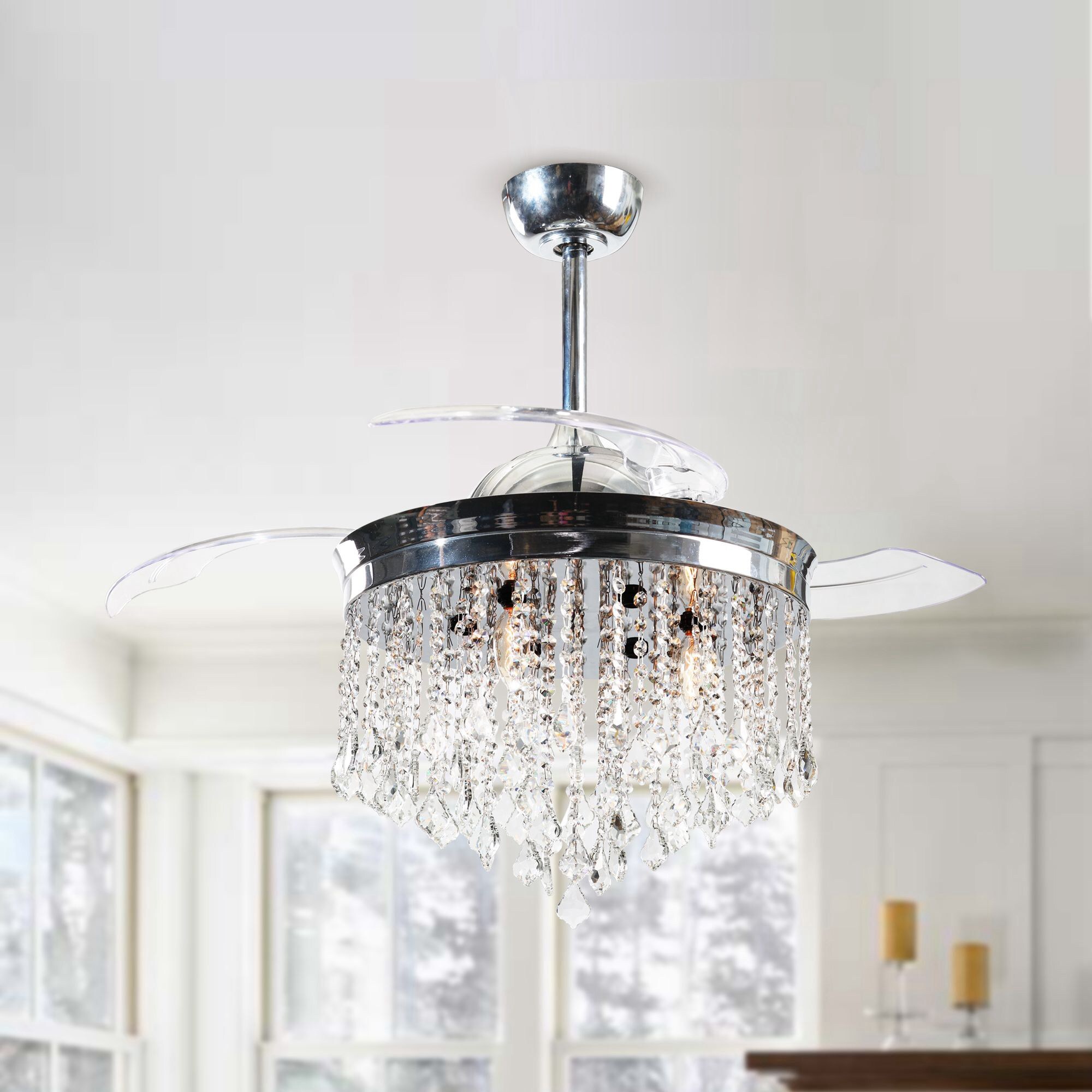 Mateo 42" Chrome Retractable Ceiling Fan Chandelier with Remote
