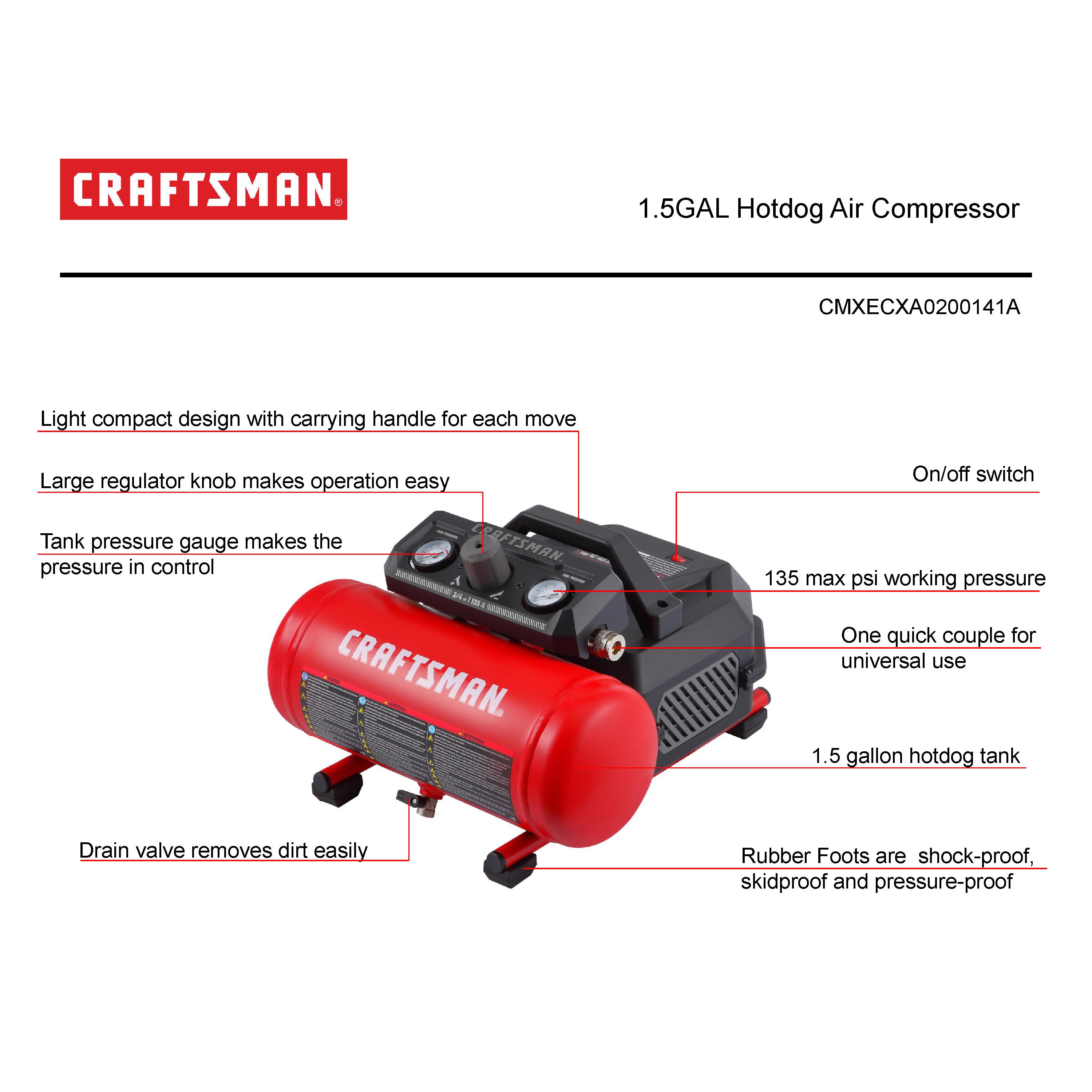 CRAFTSMAN 1.5-Gallons Two Stage Portable 125 Psi Hot Dog Air Compressor in  the Air Compressors department at
